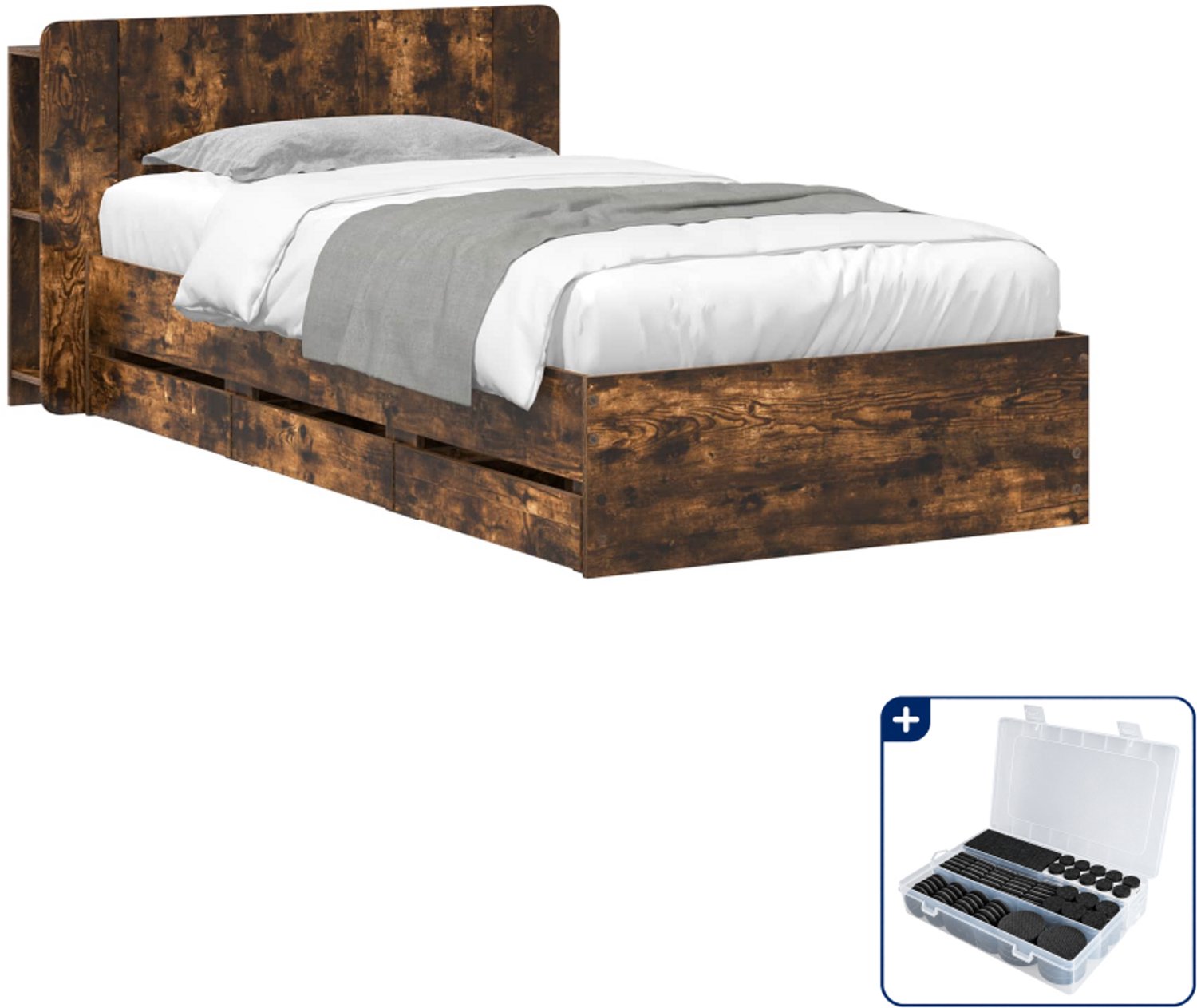 vidaXL bedframe - 90 x 200 cm - bewerkt hout - gerookt eiken - Inclusief antikrasvilt 177-delig Bruin