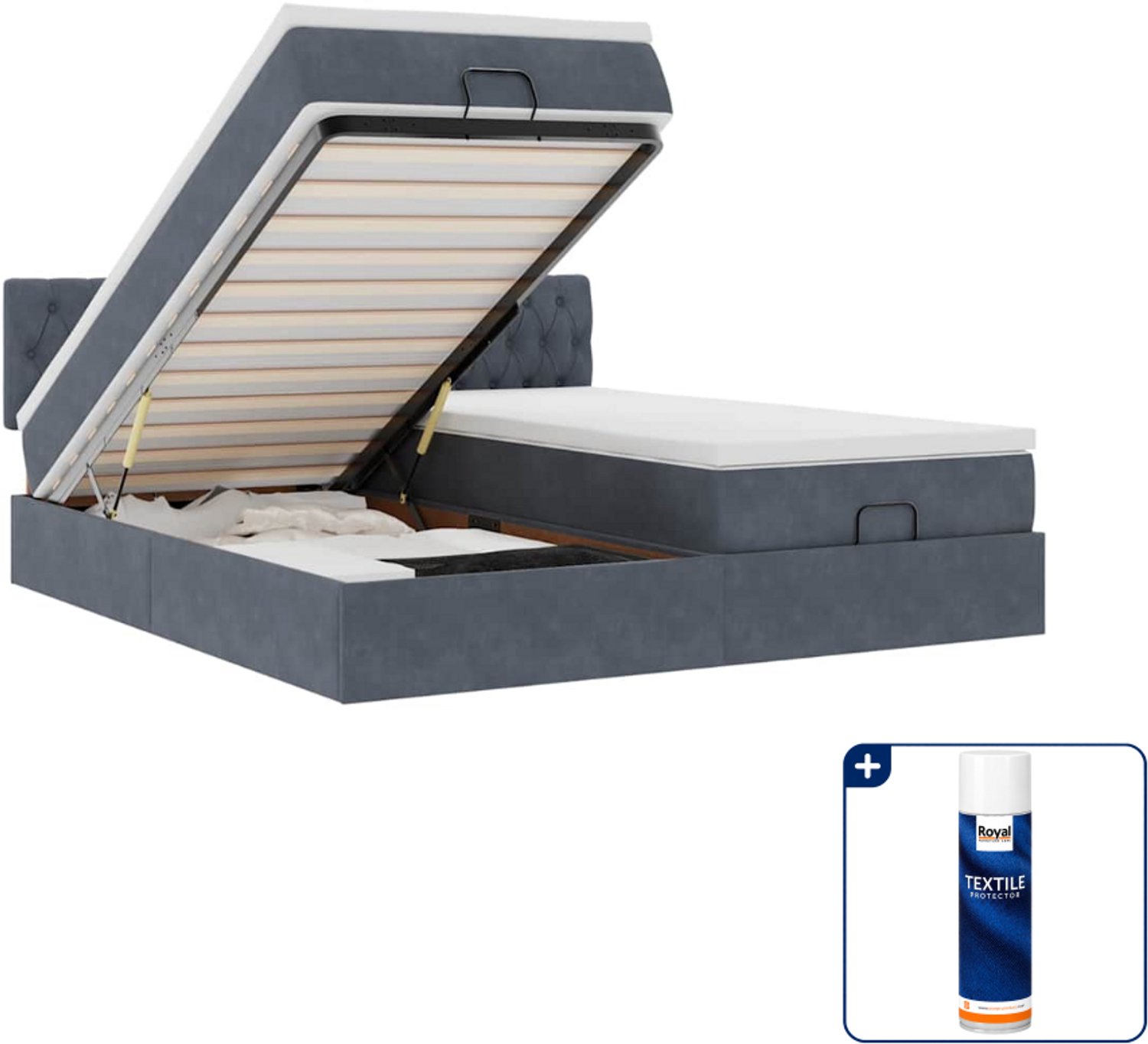 vidaXL ottoman bed - Super kingsize - 200 x 200 cm - fluweel - donkergrijs - Inclusief textielbeschermer 500 ml Blauw