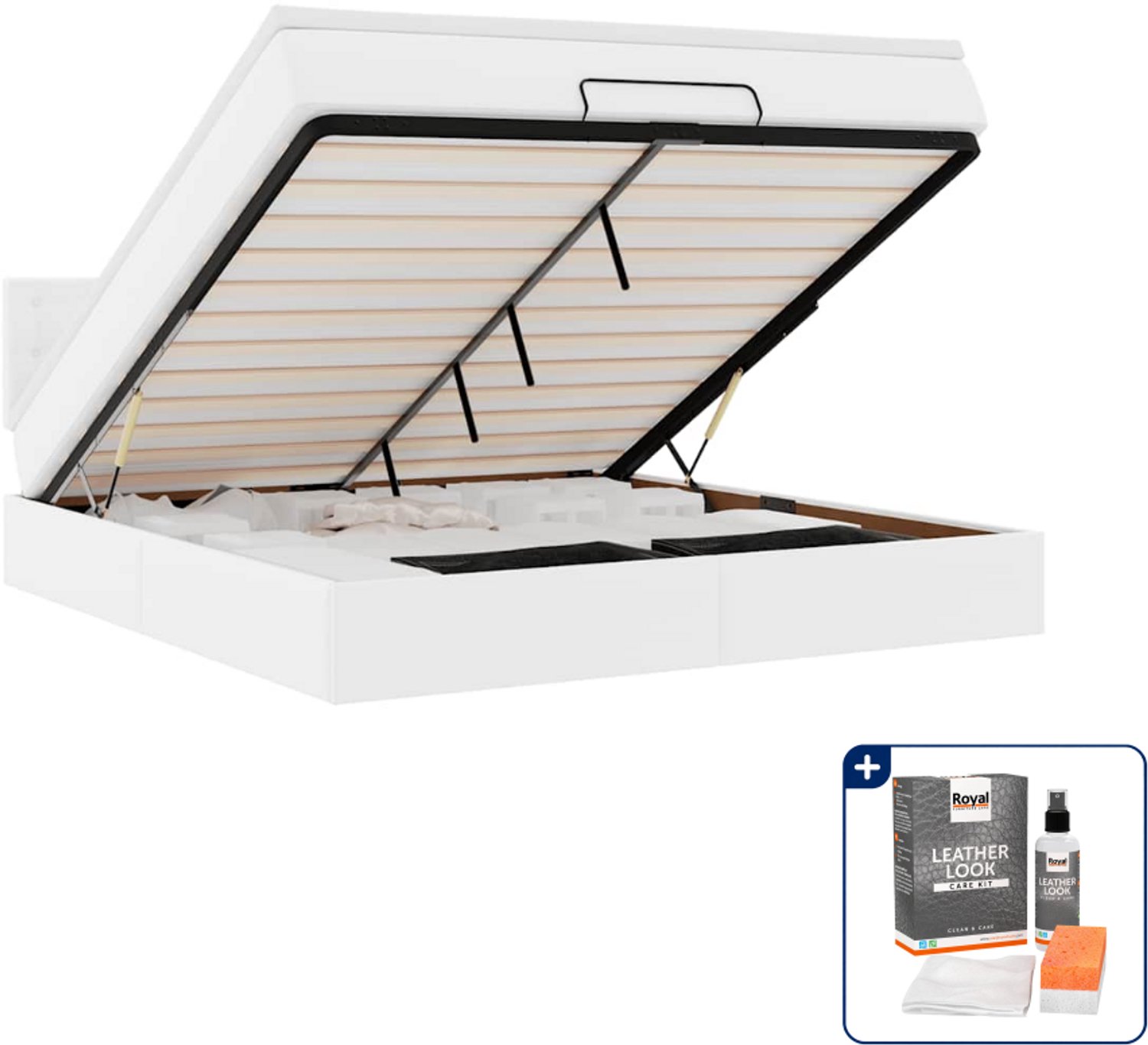 vidaXL Kingsize ottomaan bed met matras - 180 x 200 cm - wit - Inclusief onderhoudsset voor kunstleer 150 ml Zwart
