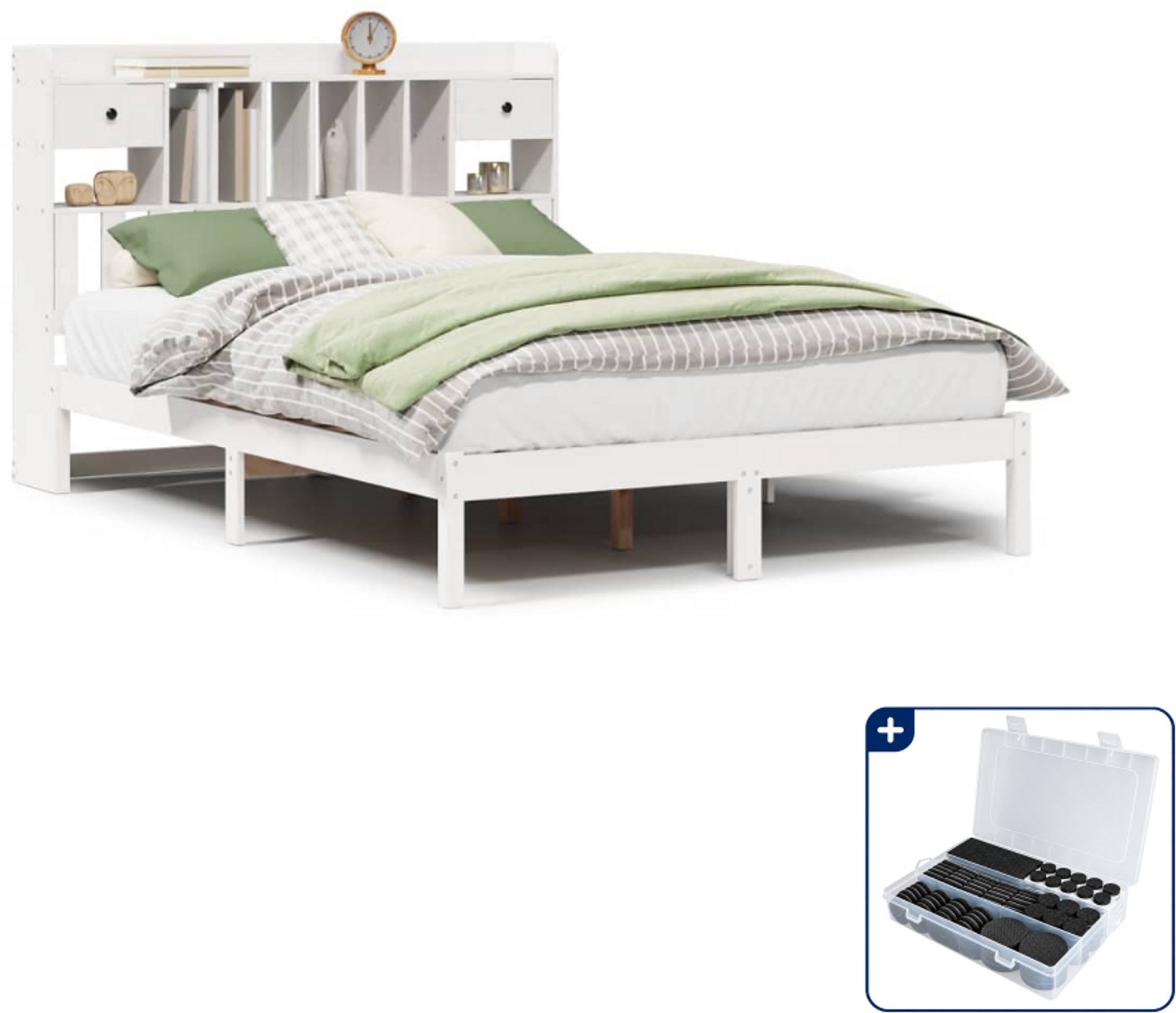 vidaXL boekenkastbed - 140 x 190 cm - massief grenenhout - wit - Inclusief antikrasvilt 177-delig