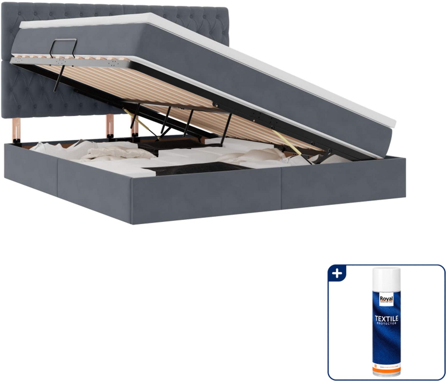 vidaXL opbergbed met matras - Kingsize - 180 x 200 cm - donkergrijs - Inclusief textielbeschermer 500 ml Bruin