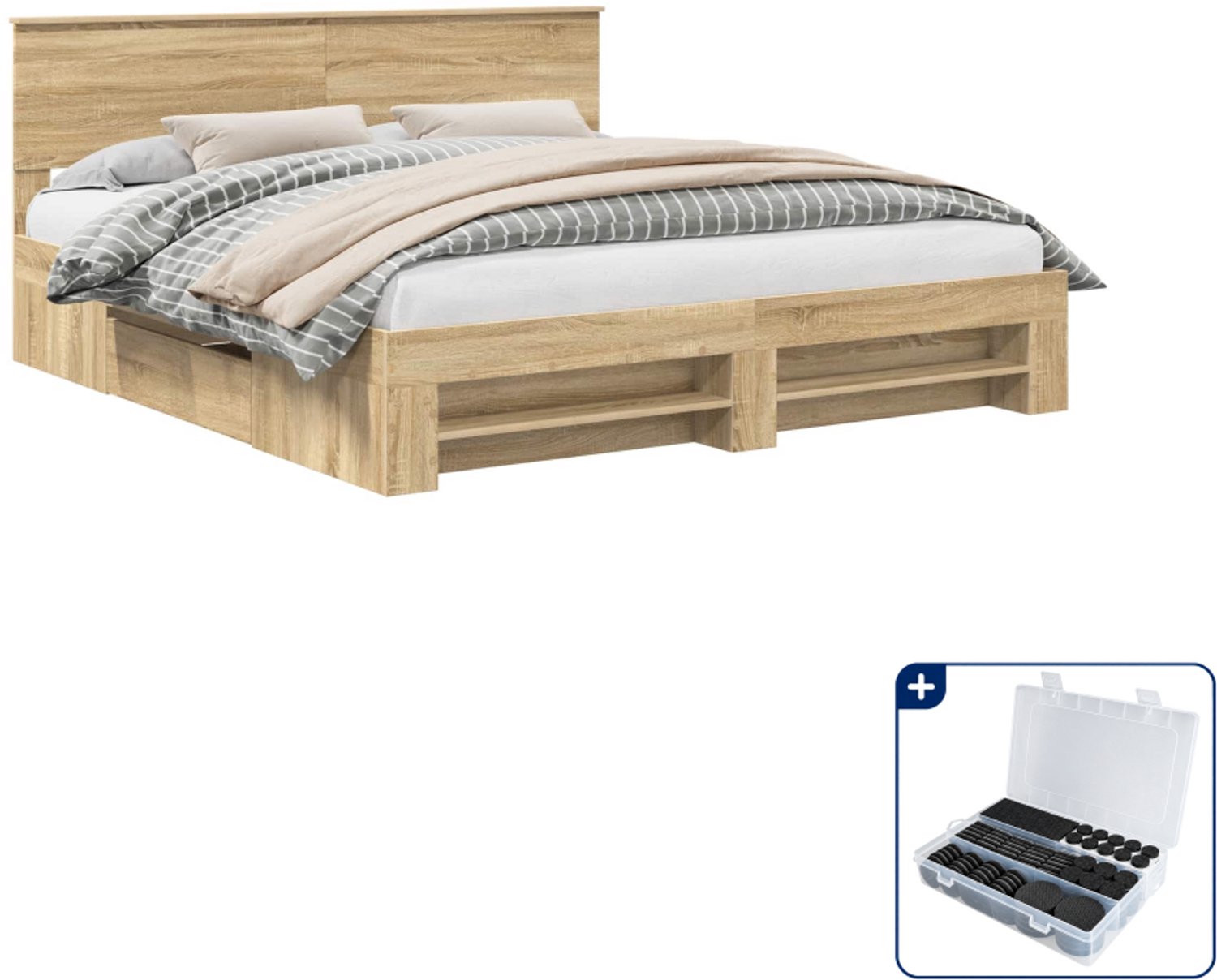 vidaXL Bedframe - Super kingsize - 200 x 200 cm - bewerkt hout - sonoma - Inclusief antikrasvilt 177-delig Wit
