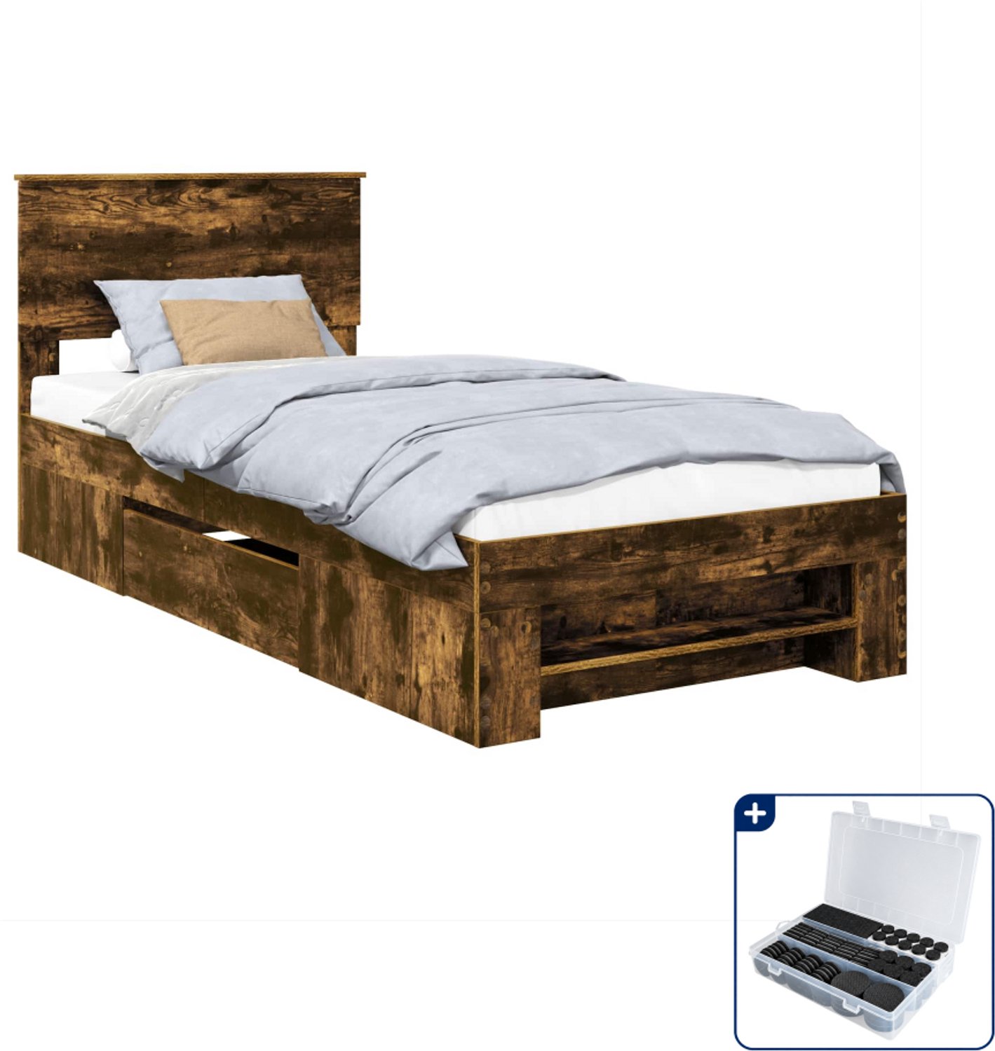 vidaXL bedframe met hoofdeinde - 90 x 200 cm - bewerkt hout - gerookt eiken - Inclusief antikrasvilt 177-delig
