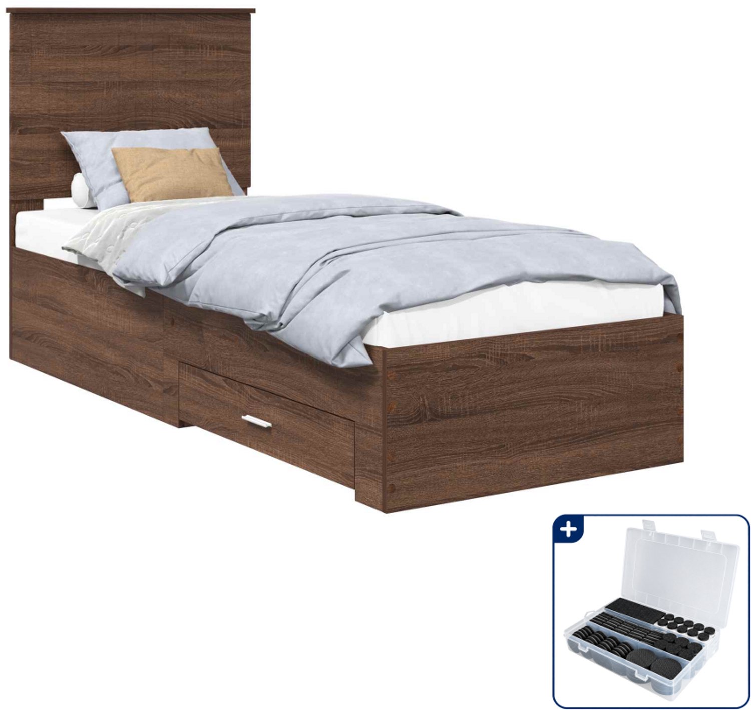 vidaXL bedframe - 70 x 190 cm - bewerkt hout - bruin eiken en zilver - Inclusief antikrasvilt 177-delig