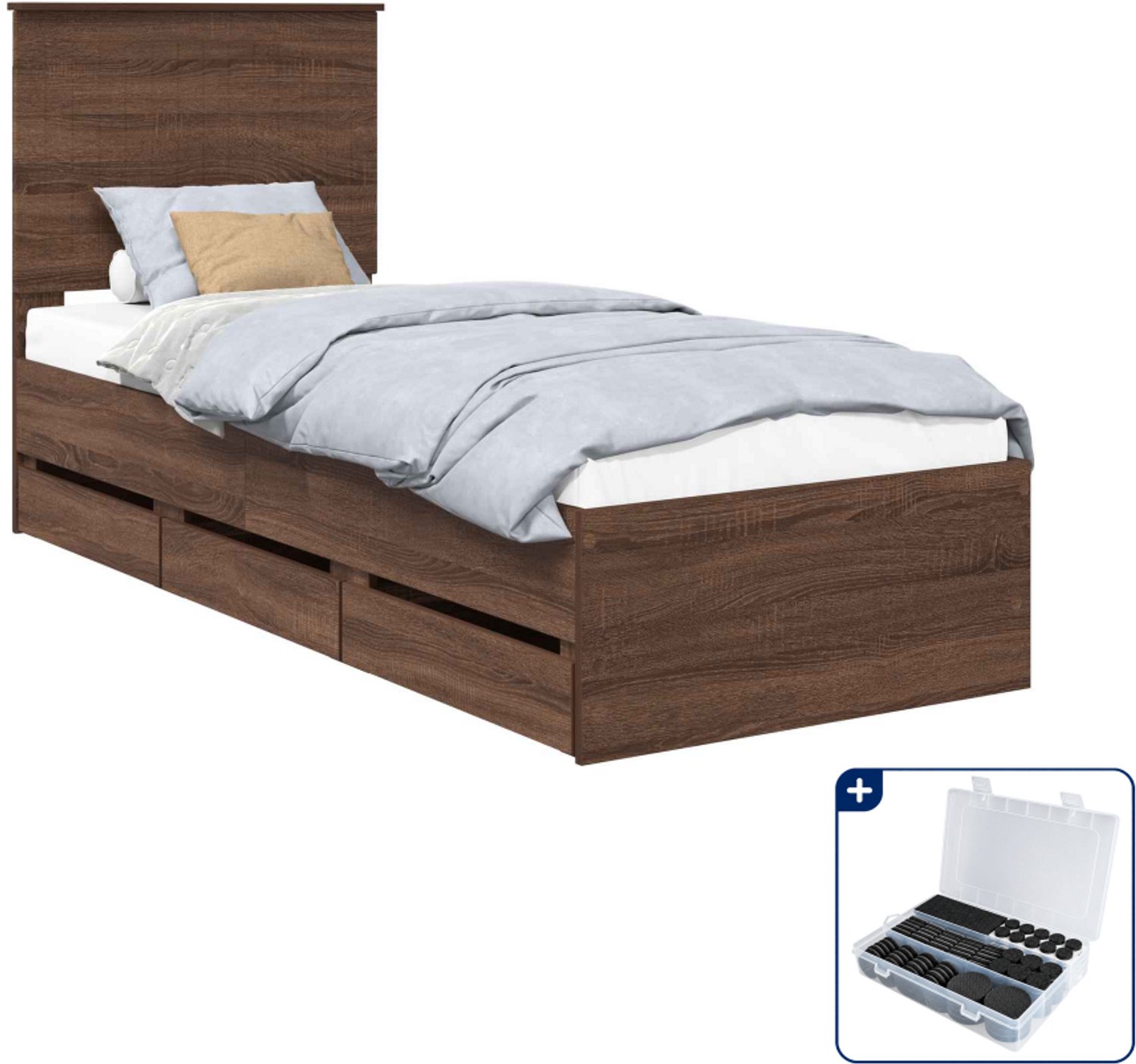 vidaXL bedframe - 75 x 190 cm - bewerkt hout - bruin eiken - Inclusief antikrasvilt 177-delig Grijs