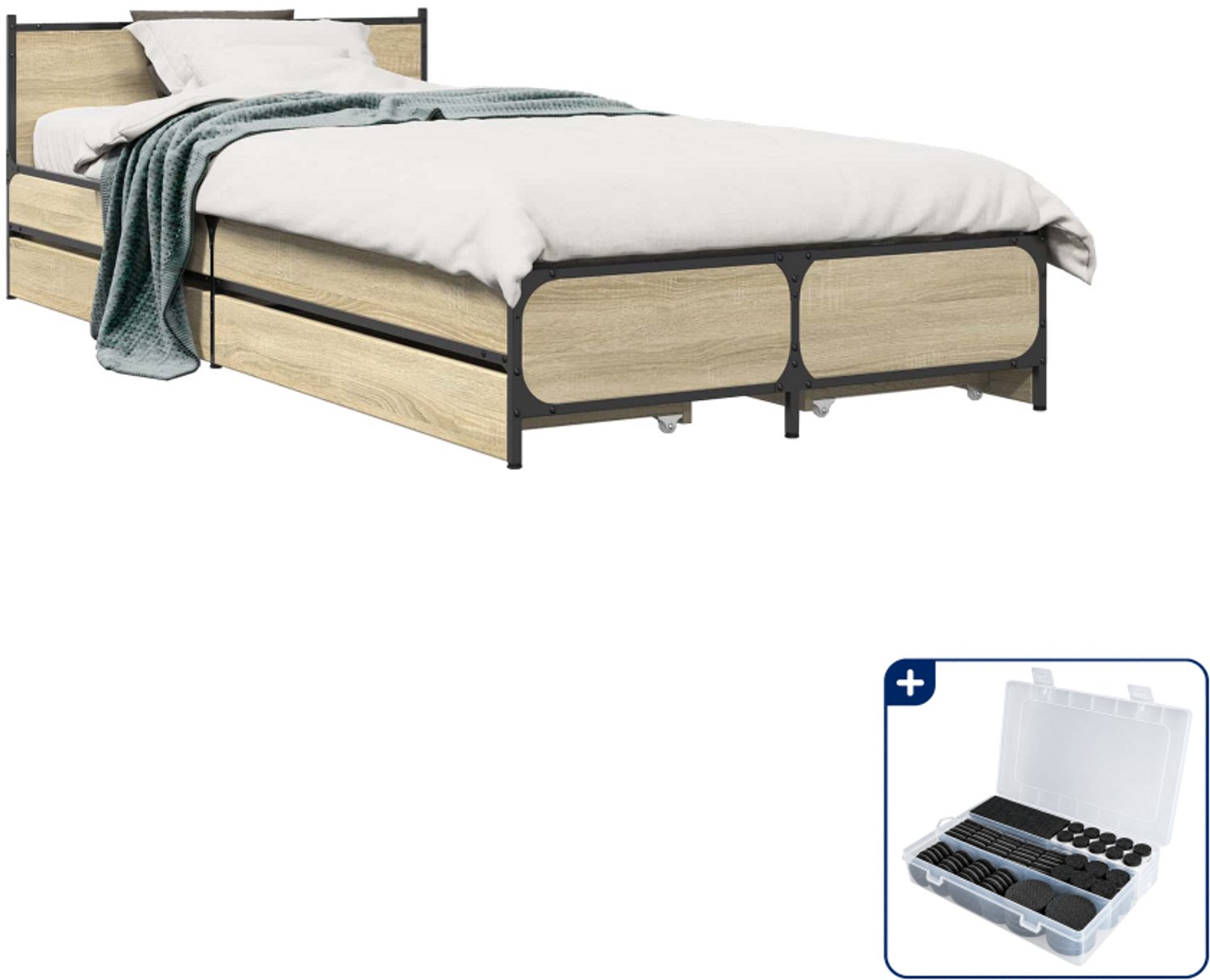 vidaXL Bedframe met hoofdeinde - 80 x 200 cm - sonoma eiken - Inclusief antikrasvilt 177-delig Bruin