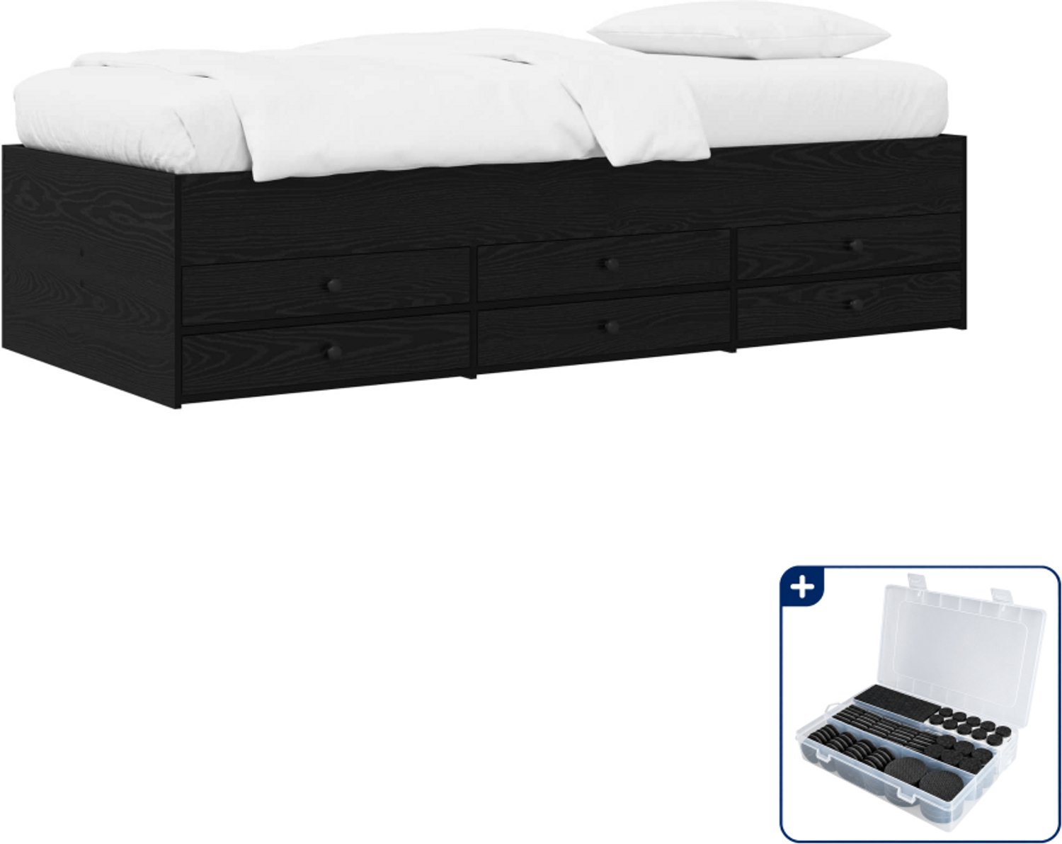 vidaXL bedframe met opslag - 80 x 200 cm - bewerkt hout - zwart eiken - Inclusief antikrasvilt 177-delig