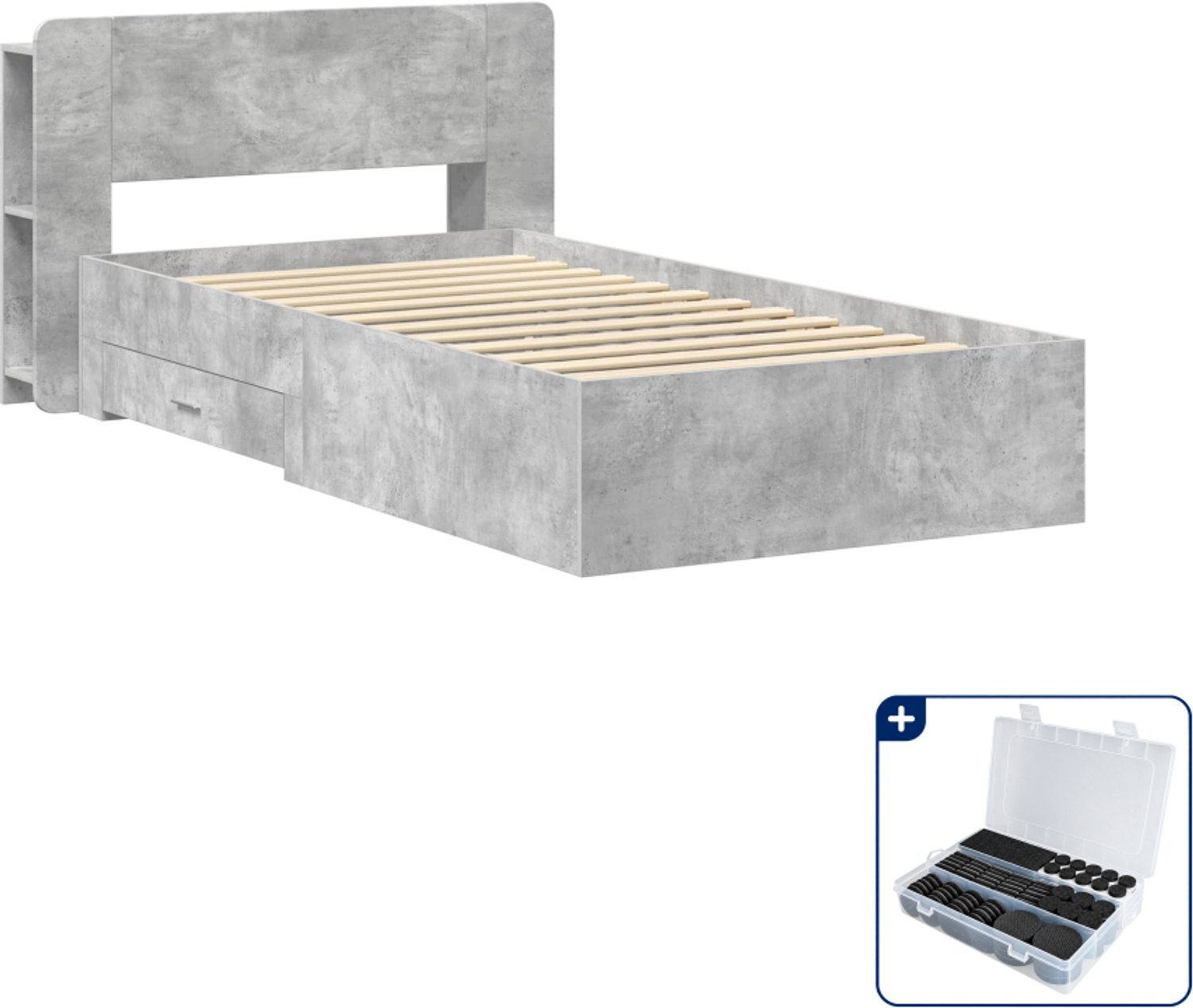 vidaXL bedframe met opslag - 75 x 190 cm - bewerkt hout - betongrijs - Inclusief antikrasvilt 177-delig