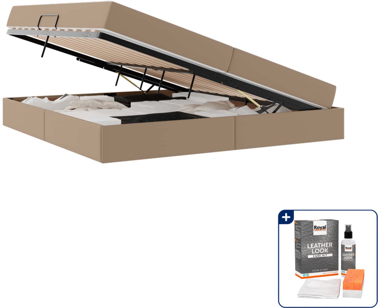 vidaXL opbergbed met matrassen - 200 x 200 cm - kunstleer - cappuccino - Inclusief onderhoudsset voor kunstleer 150 ml Grijs