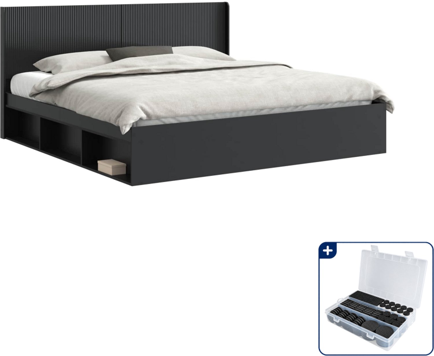vidaXL Bedframe met opbergruimte - 200 x 200 cm - bewerkt hout - zwart - Inclusief antikrasvilt 177-delig