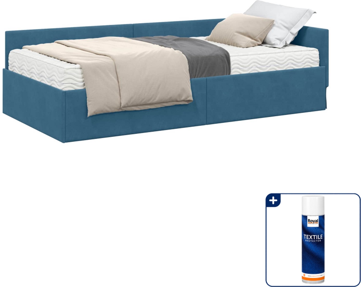 vidaXL hoekbedframe met matras - 90 x 190 cm - fluweel - blauw - Inclusief textielbeschermer 500 ml Wit