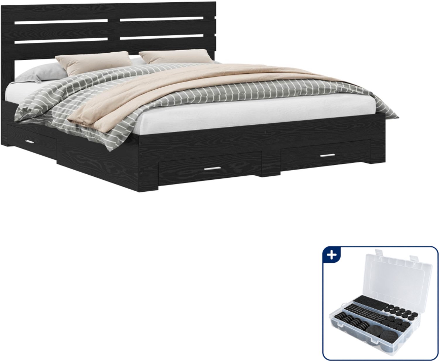 vidaXL Kingsize bedframe - 180 x 200 cm - bewerkt hout - zwart eiken - Inclusief antikrasvilt 177-delig Grijs