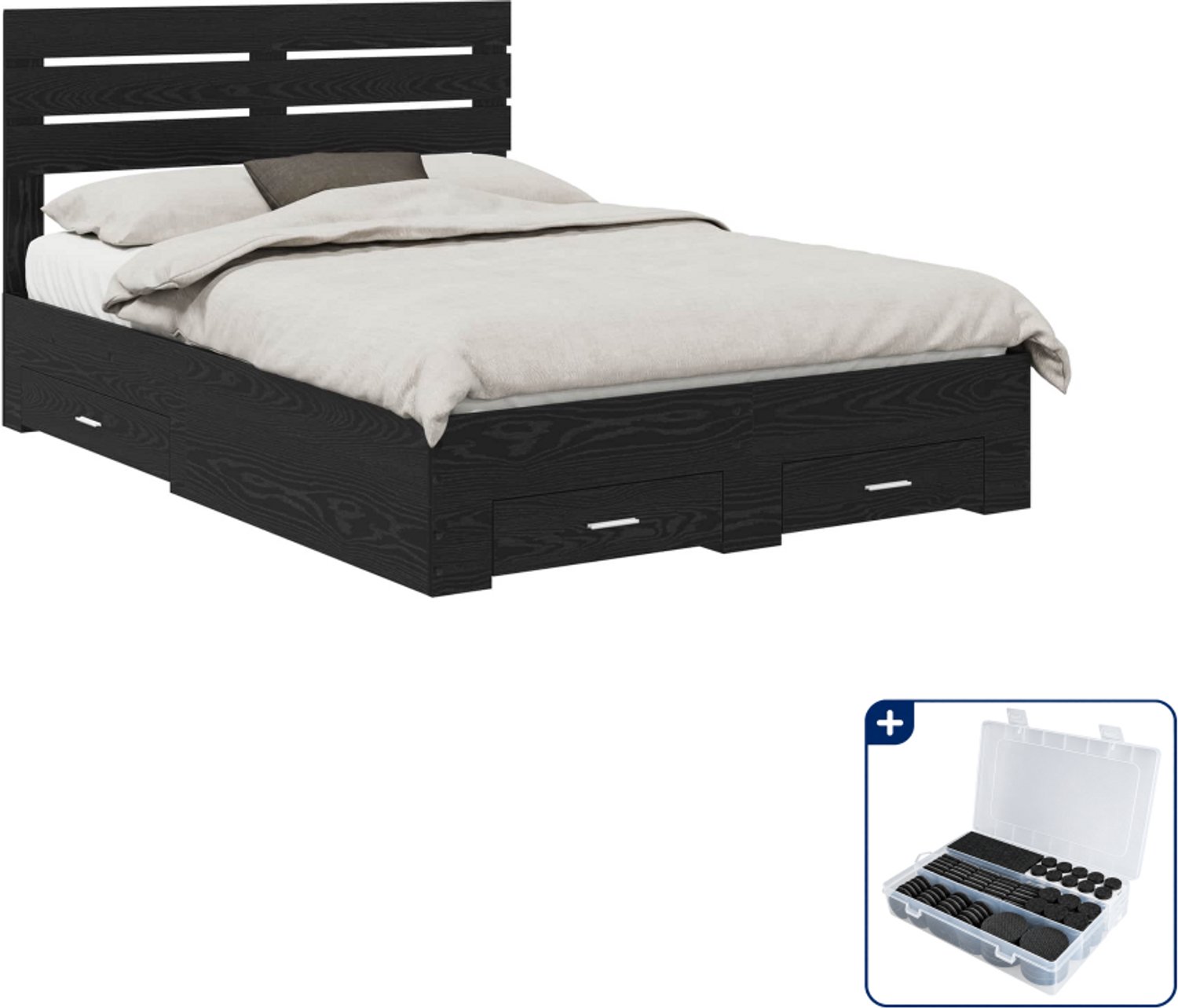 vidaXL bedframe met lade - Queensize - 160 x 200 cm - zwart eiken - Inclusief antikrasvilt 177-delig Grijs