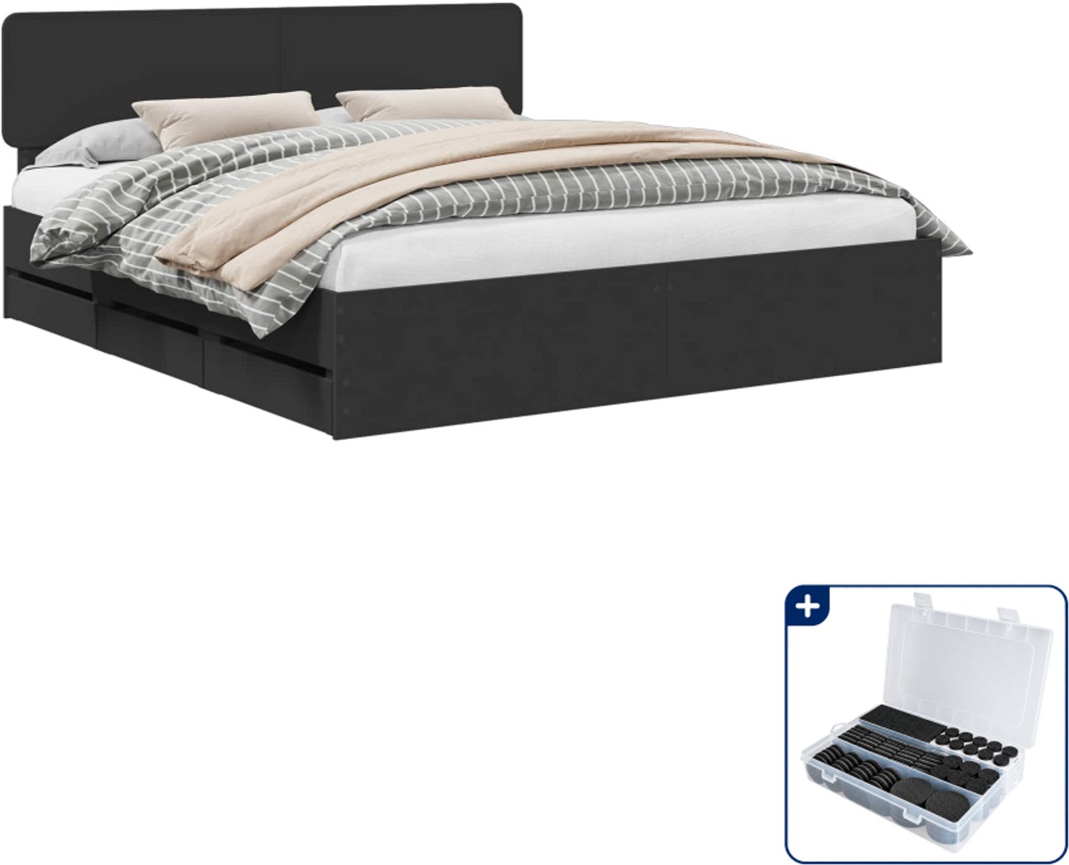 vidaXL bedframe met lade - 200 x 200 cm - bewerkt hout - zwart - Inclusief antikrasvilt 177-delig