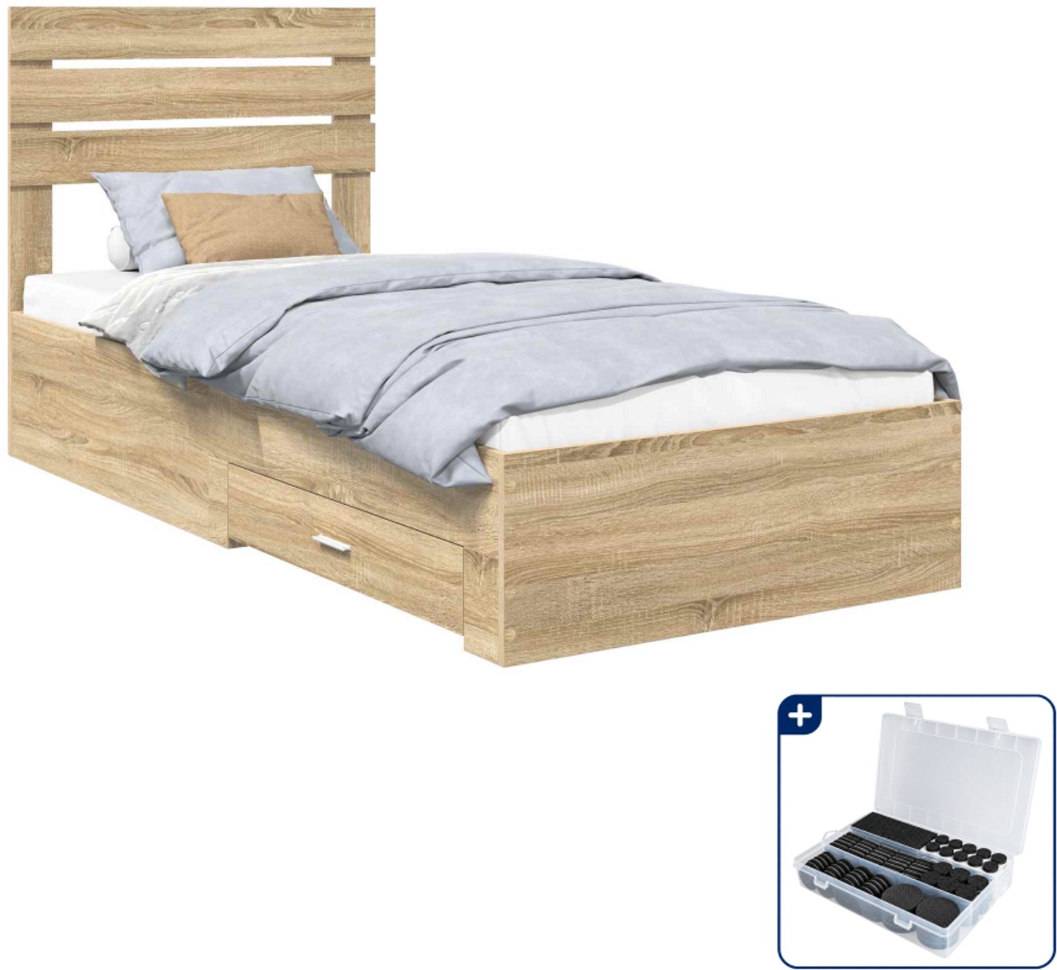 vidaXL bedframe met lade - 90 x 190 cm - bewerkt hout - sonoma eiken - Inclusief antikrasvilt 177-delig Bruin
