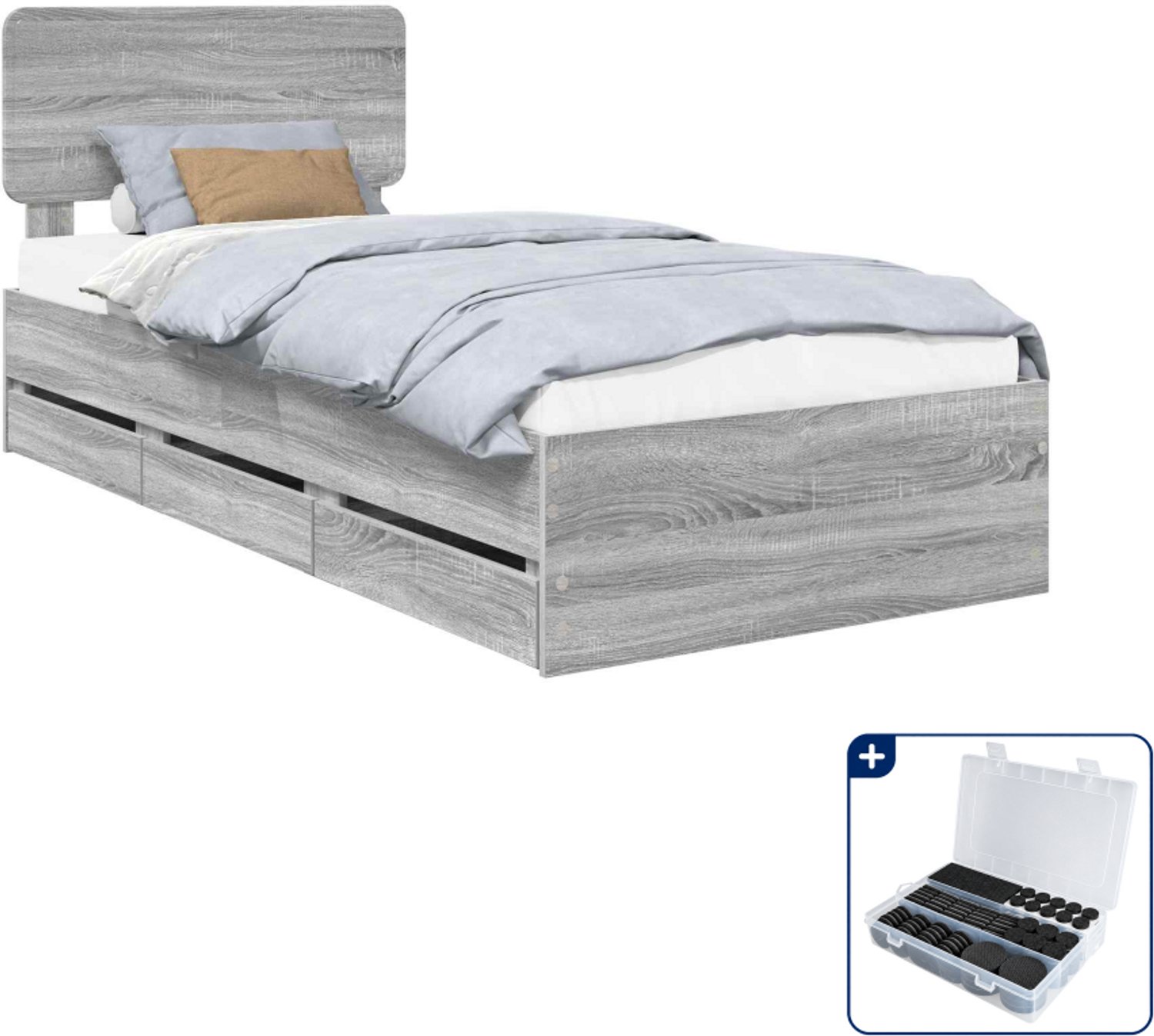vidaXL Bedframe met lade - 90 x 200 cm - bewerkt hout - grijs sonoma - Inclusief antikrasvilt 177-delig Blauw