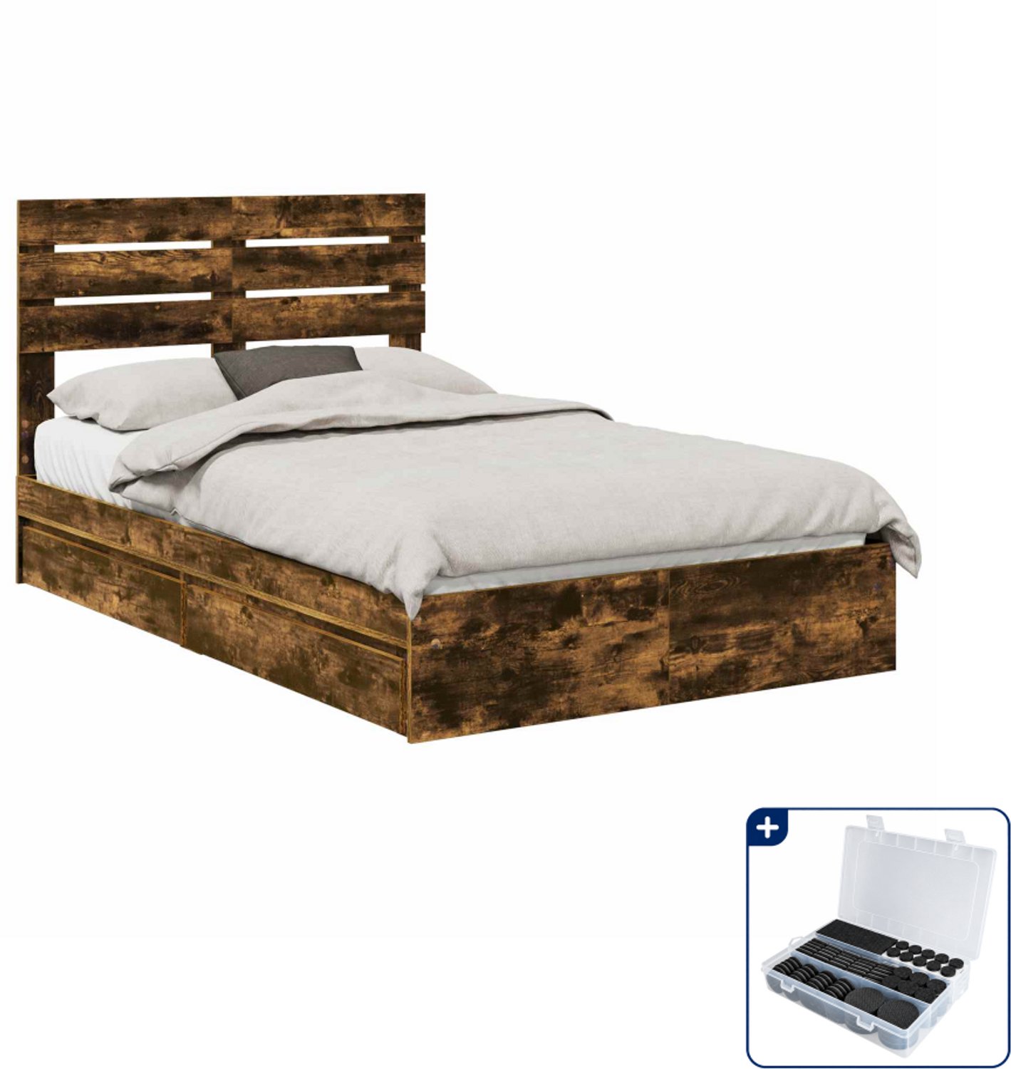 vidaXL bedframe met lade - 135 x 190 cm - bewerkt hout - gerookt eiken - Inclusief antikrasvilt 177-delig