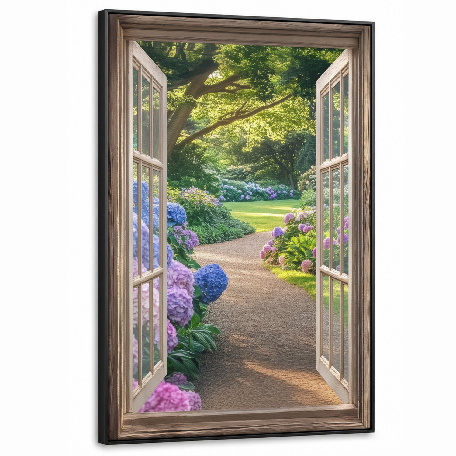 Canvas Schilderij met Baklijst XXL Canvas Schilderij met Baklijst 90x140cm - Doorkijk - Tuin - Raam - Hortensia - Bloemen - Muurdecoratie woonkamer - Slaapkamer decoratie - Kamer accessoires - Schilderijen op canvas met lijst groot