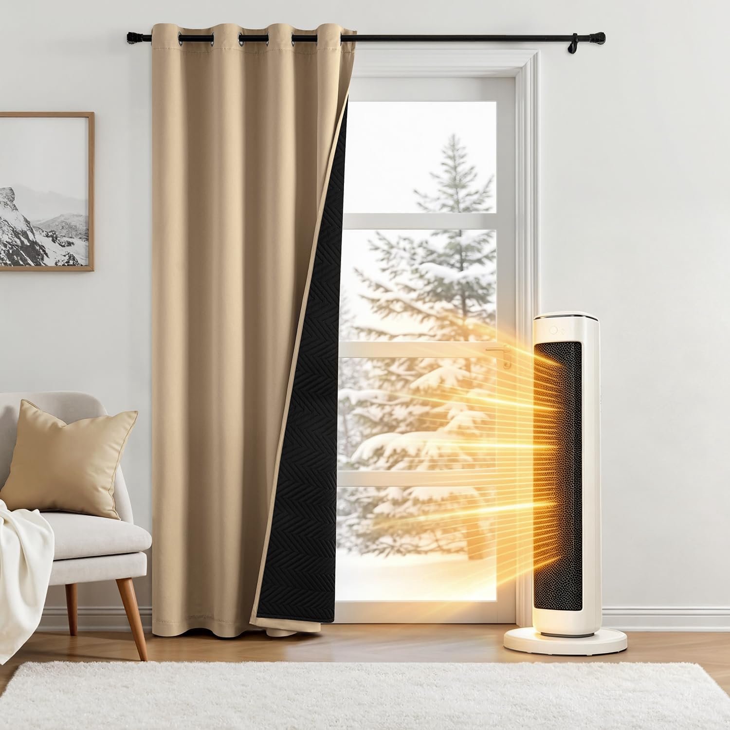 Famanu Dubbellaags thermo-verduisteringsgordijn voor binnen, warmte-isolerend en winddicht, 132 x 245 cm, beige, 1 stuk, biedt bescherming tegen kou en licht, ideaal voor energiebesparing