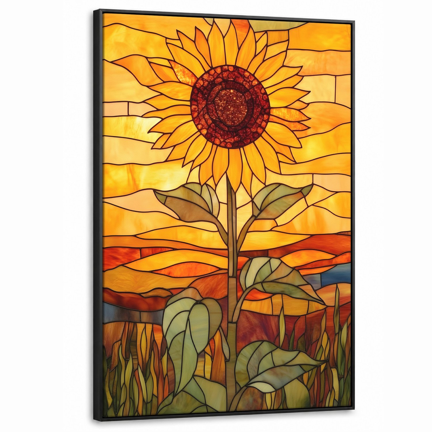 Canvas Schilderij met Baklijst XXL Canvas Schilderij met Baklijst 80x120cm - Zonnebloem - Mozaïek - Zonsondergang - Geel - Muurdecoratie woonkamer - Slaapkamer decoratie - Kamer accessoires - Schilderijen op canvas met lijst groot