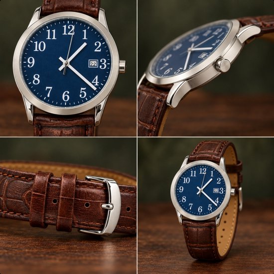 Vierdelige collage van een horloge met blauwe wijzerplaat, bruine band, zijkant en gespsluiting.