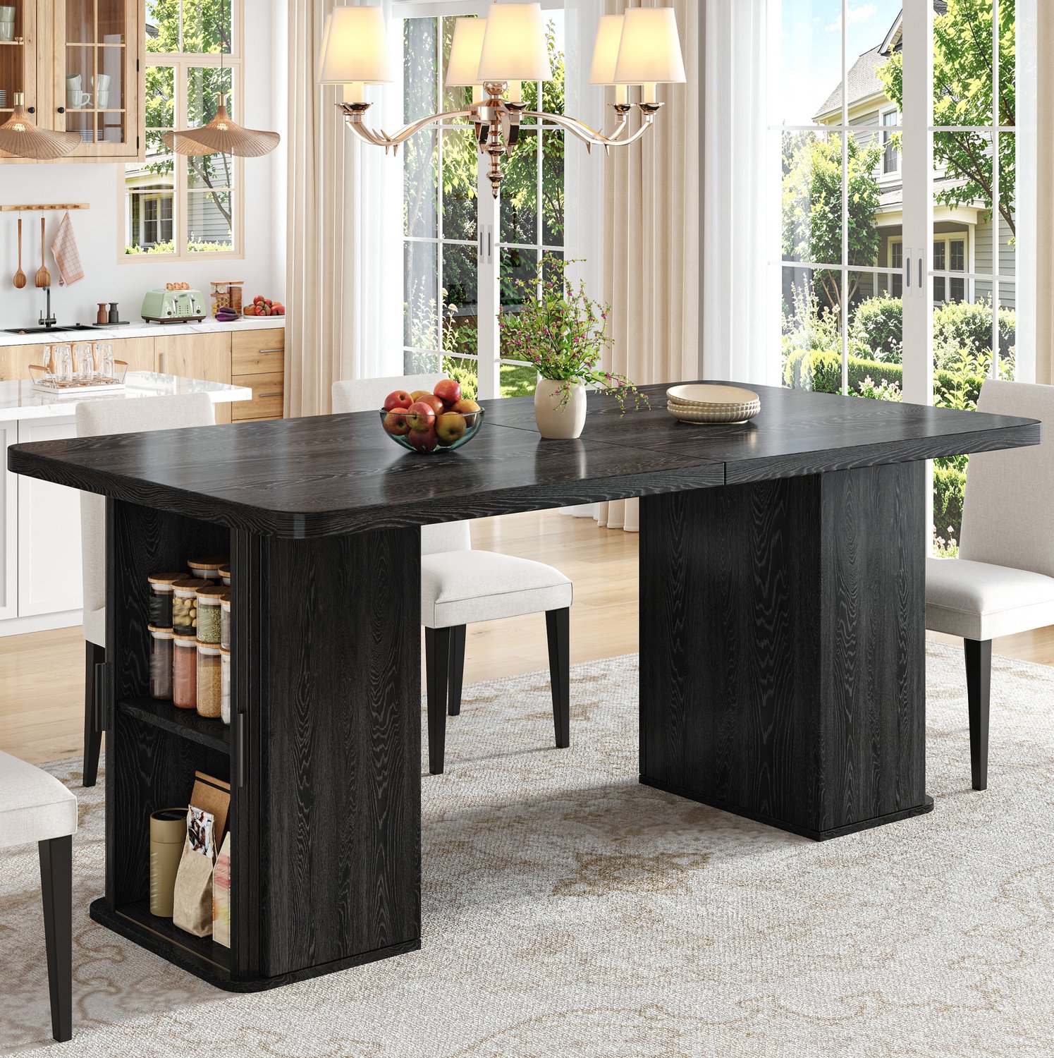 MIVRAY Eettafel - Uitschuifbaar van 140 tot 180 Cm met Opbergruimte - Voor Eetkamer en Keuken - Zwart Houtdecor van MDF en Metaal - 180x80x75 Cm