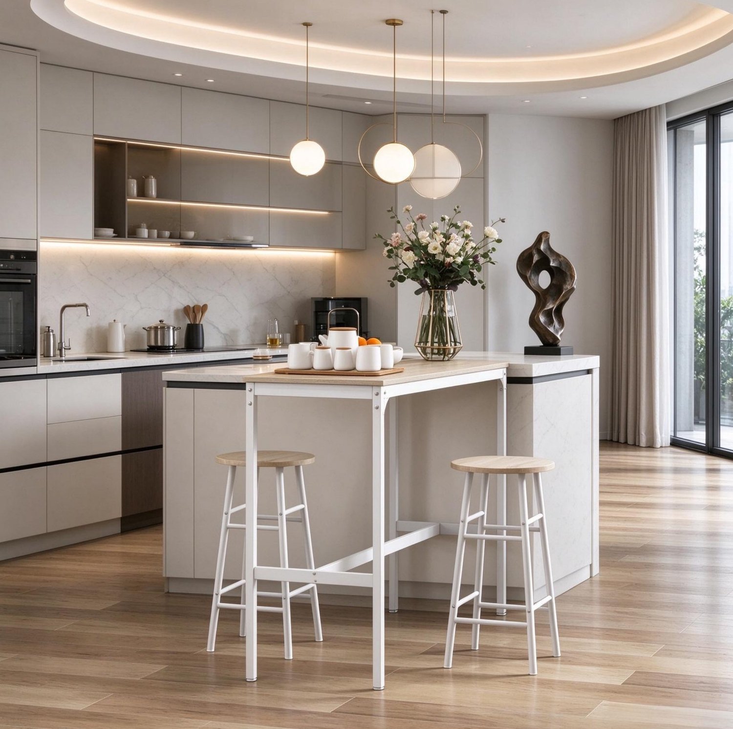 STILVORA Bartafelset 105 x 40 x 90 cm - Tafel met 2 Barkrukken - Ruimtebesparend voor Keuken en Eethoek - Staal en MDF - Wit en Naturel