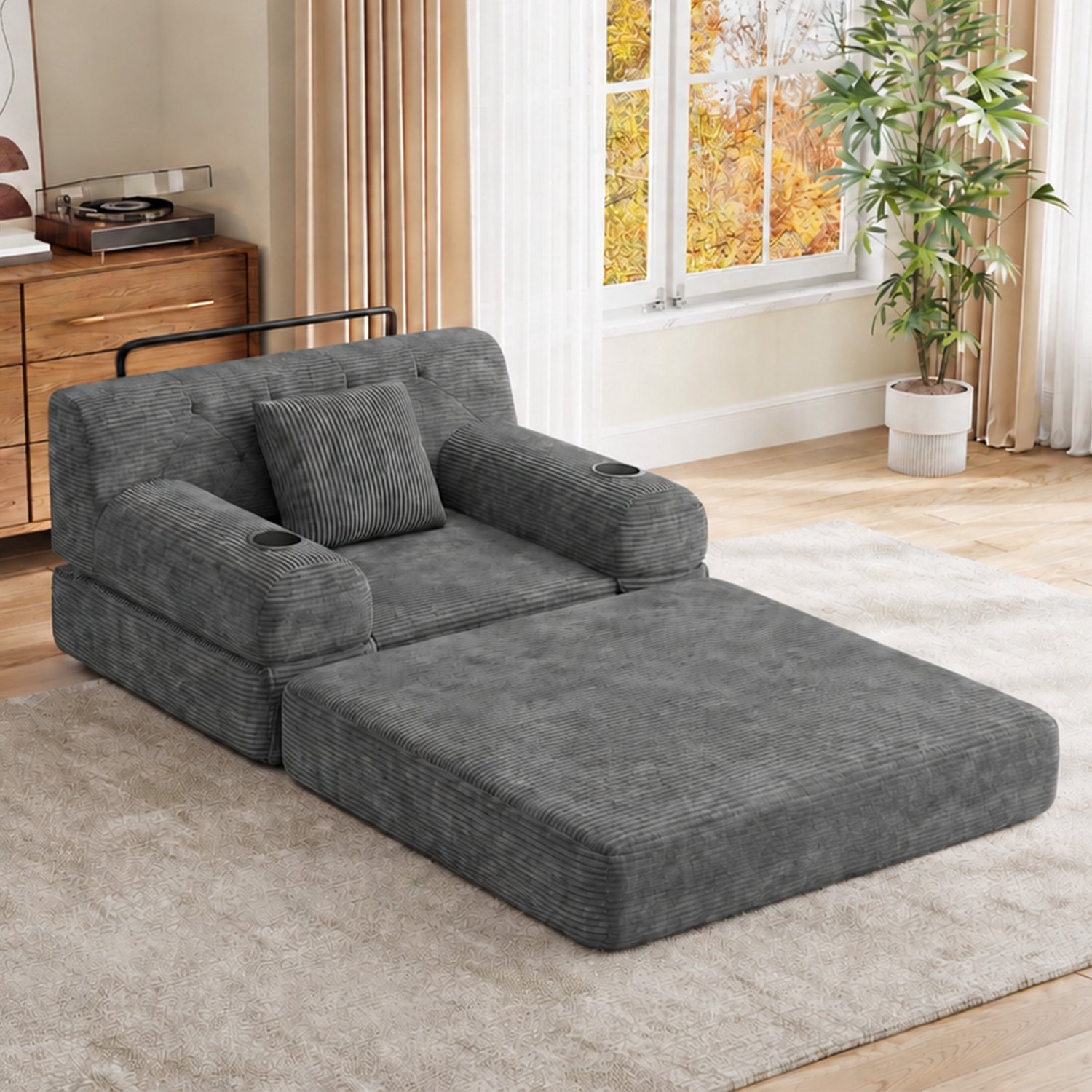 MIVRAY Slaapbank 107 x 80 x 81 cm - Eenpersoons met Hoge Rugleuning en Bekerhouders - voor Woonkamer en Logeerkamer - Ribstof - Donkergrijs