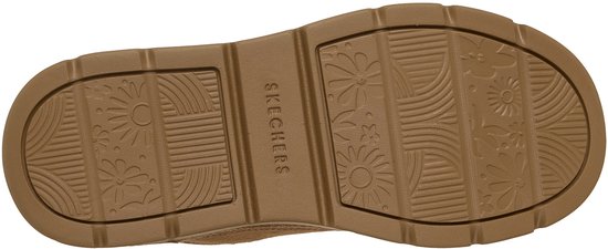 Bruine loopzool van een sneaker met bloem- en boogpatronen, 'SKECHERS' logo in het midden.