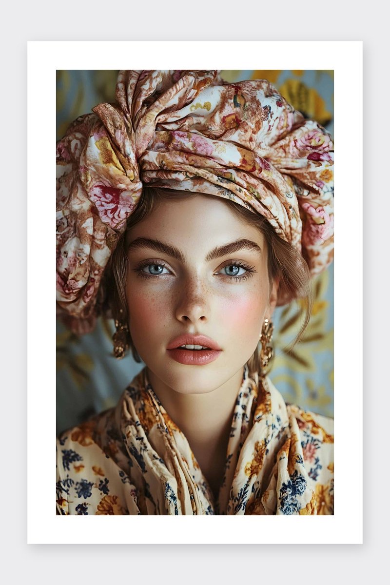 Tulband Poster - Vrouw - Cultuur - Traditioneel - Uniek - Portret - posters - formaat 30x40cm - Wanddecoratie - BXS4002MT - Met kader - passe-partouts stijl