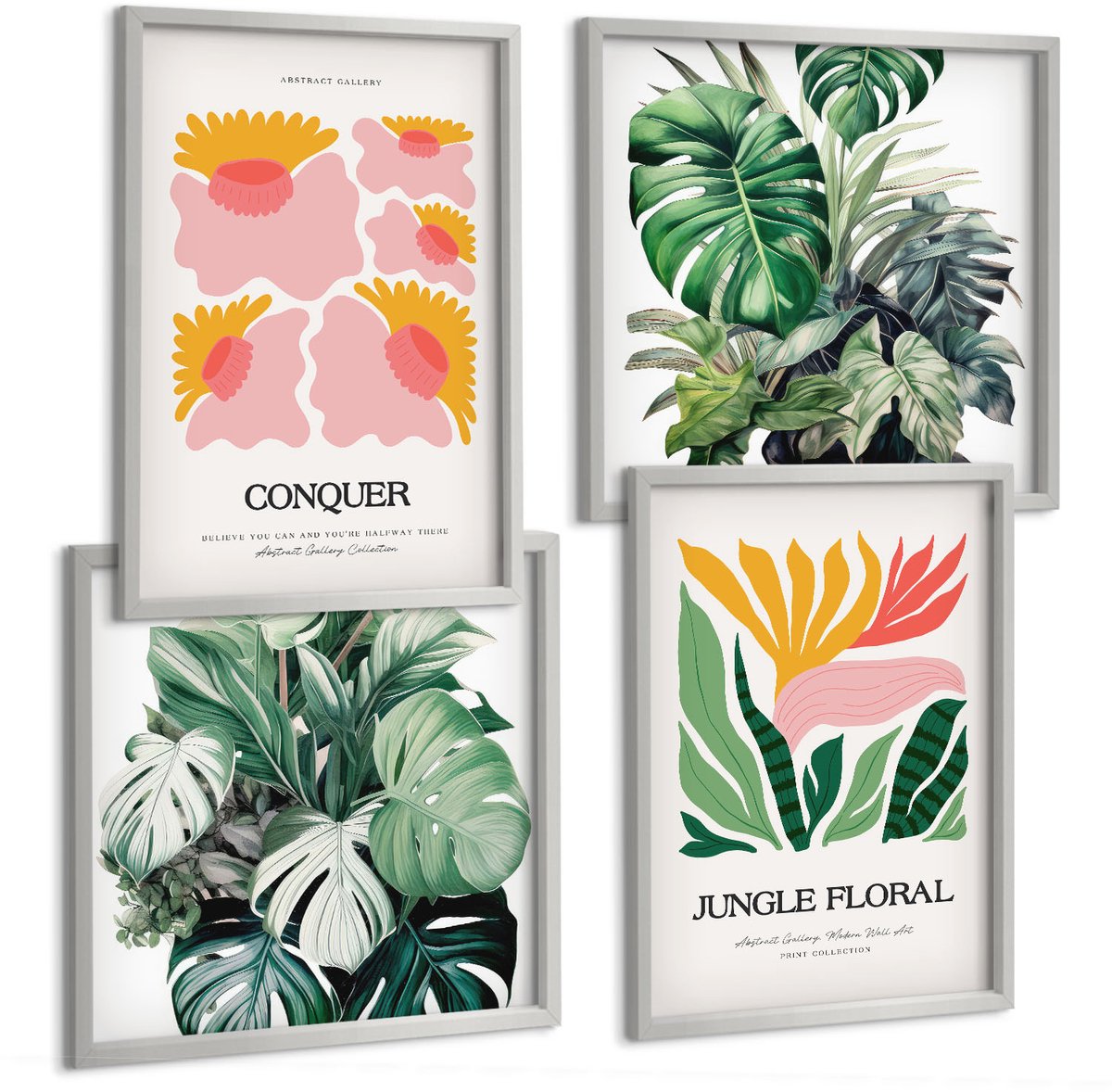 Coloray 4-Delige Schilderij Set - Bloemen En Bladeren In Moderne Stijl Op Posters - 40 x 40 cm En 40 x 60 cm - Decoratieve Schilderijen - Woonkamer - Interieur - Woonkamer Decoratie