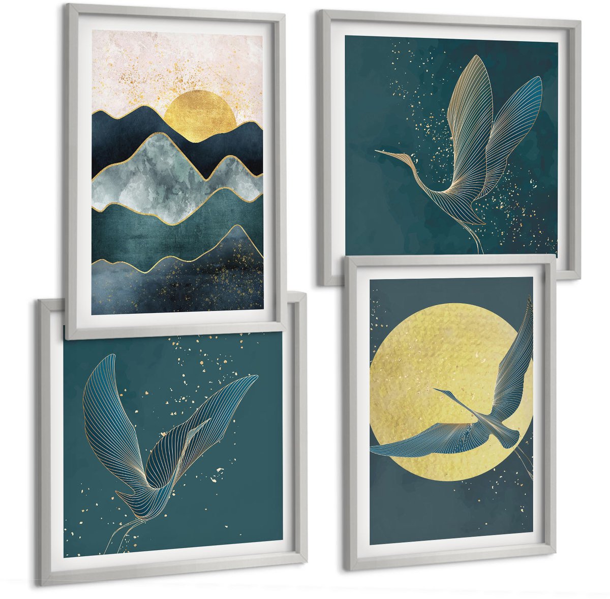 Coloray 4-Delige Schilderij Set - Vogels, Kraanvogels In Vlucht, Maan, Sterren En Berglandschap - 40 x 40 cm En 40 x 60 cm - Muurdecoratie - Wanddecoratie - Hal