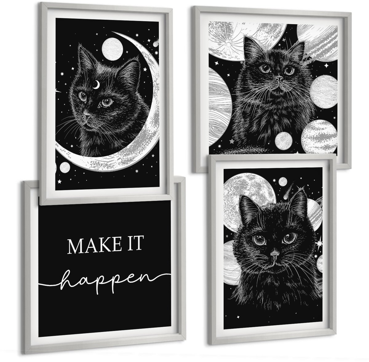 Coloray 4-Delige Schilderij Set - Zwarte Katten Tegen De Achtergrond Van De Maan En Planeten In De Ruimte. - 40 x 40 cm En 40 x 60 cm - Schilderijen Set - Wanddecoratie - Woonkamer - Stijlvolle Muurdecoratie
