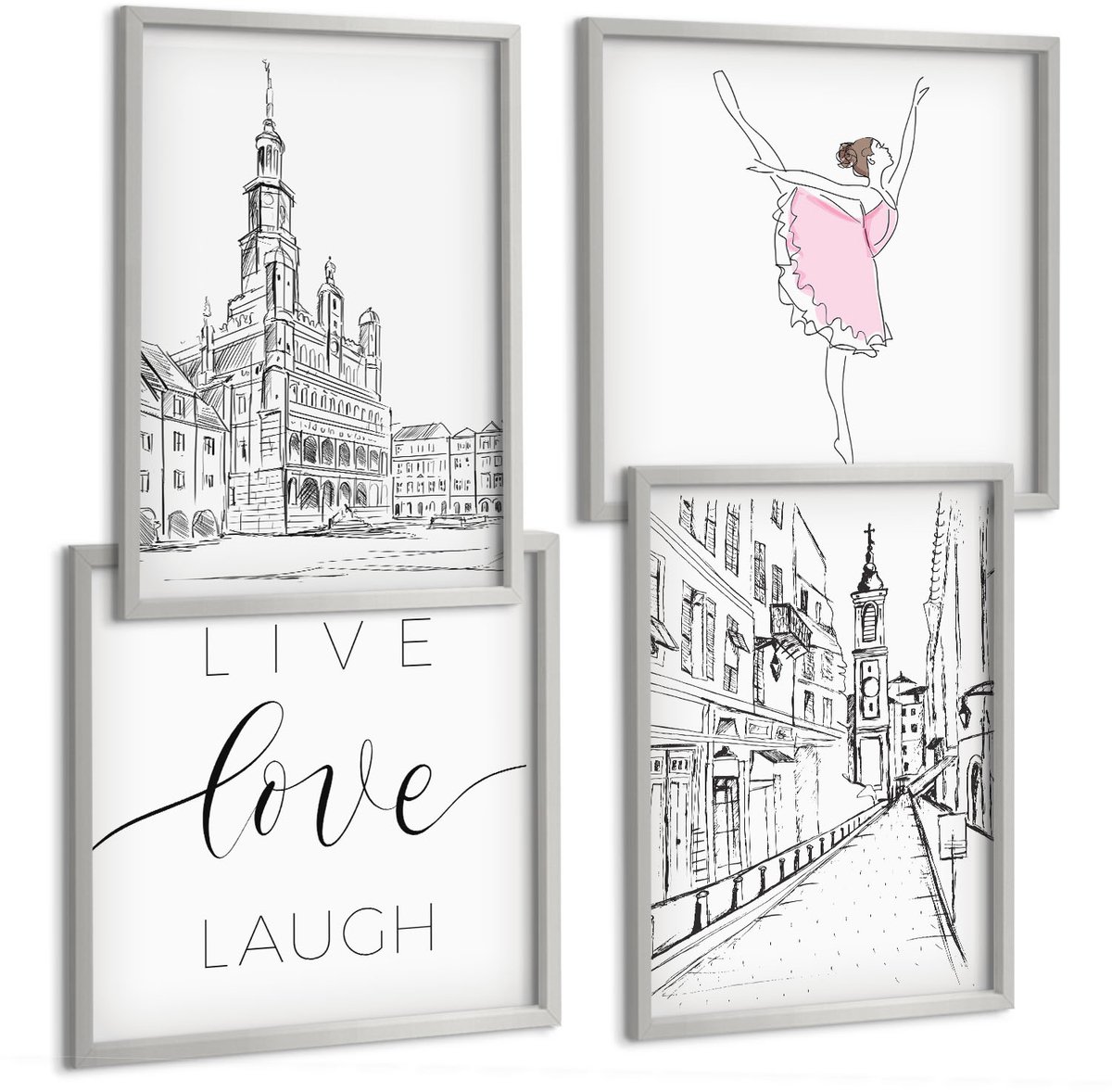 Coloray 4-Delige Schilderij Set - Stijlvolle Afbeeldingen Met Een Dansende Ballerina En Liefde Voor Architectuur. - 40 x 40 cm En 40 x 60 cm - Muurdecoratie - Wanddecoratie - Hal - Interieur Decoratie