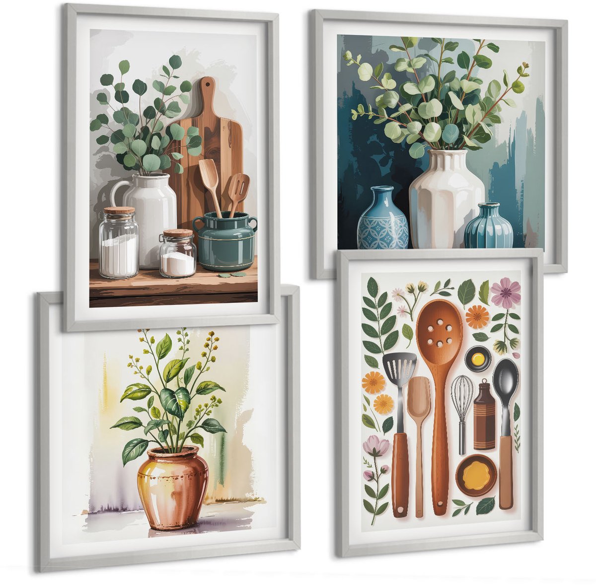 Coloray 4-Delige Schilderij Set - Keukenaccessoires Met Planten In Een Moderne Stijl - 40 x 40 cm En 40 x 60 cm - Moderne Wanddecoratie - Slaapkamer - Stijlvolle Muurdecoratie