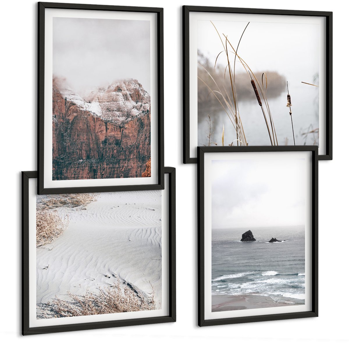 Coloray 4-Delige Schilderij Set - Abstracte Golven In Grijstinten En Pasteltinten - 40 x 40 cm En 40 x 60 cm - Stijlvolle Muurdecoratie - Slaapkamer - Wanddecoratie Zwarte lijst