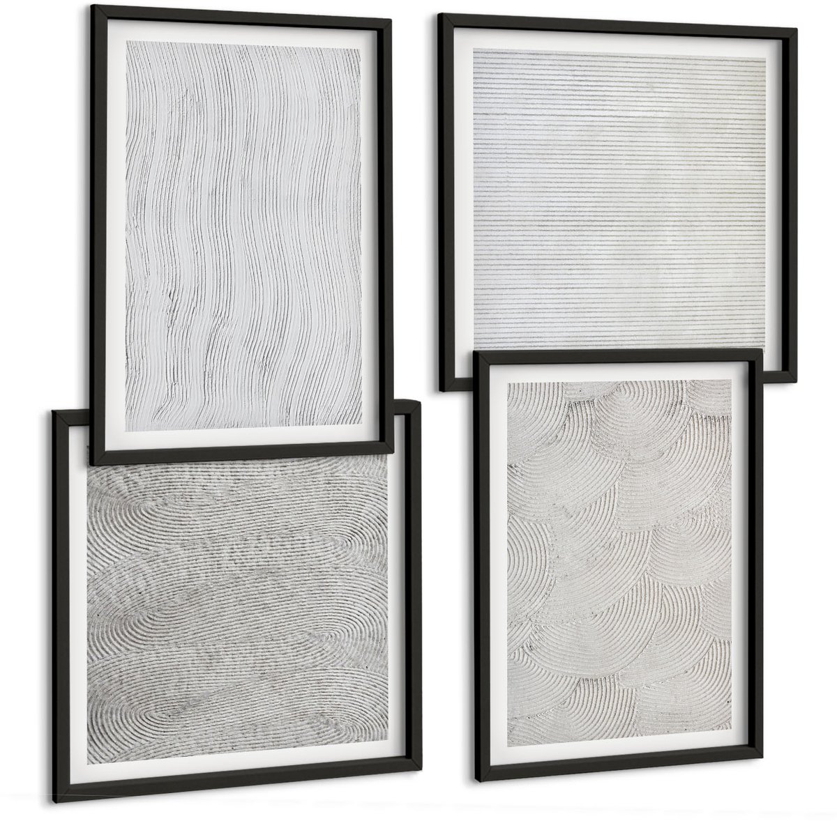 Coloray 4-Delige Schilderij Set - Patronen In Het Zand: Lineaire Geometrische Structuren - 40 x 40 cm En 40 x 60 cm - Stijlvolle Muurdecoratie - Kantoor - Wanddecoratie Zwarte lijst
