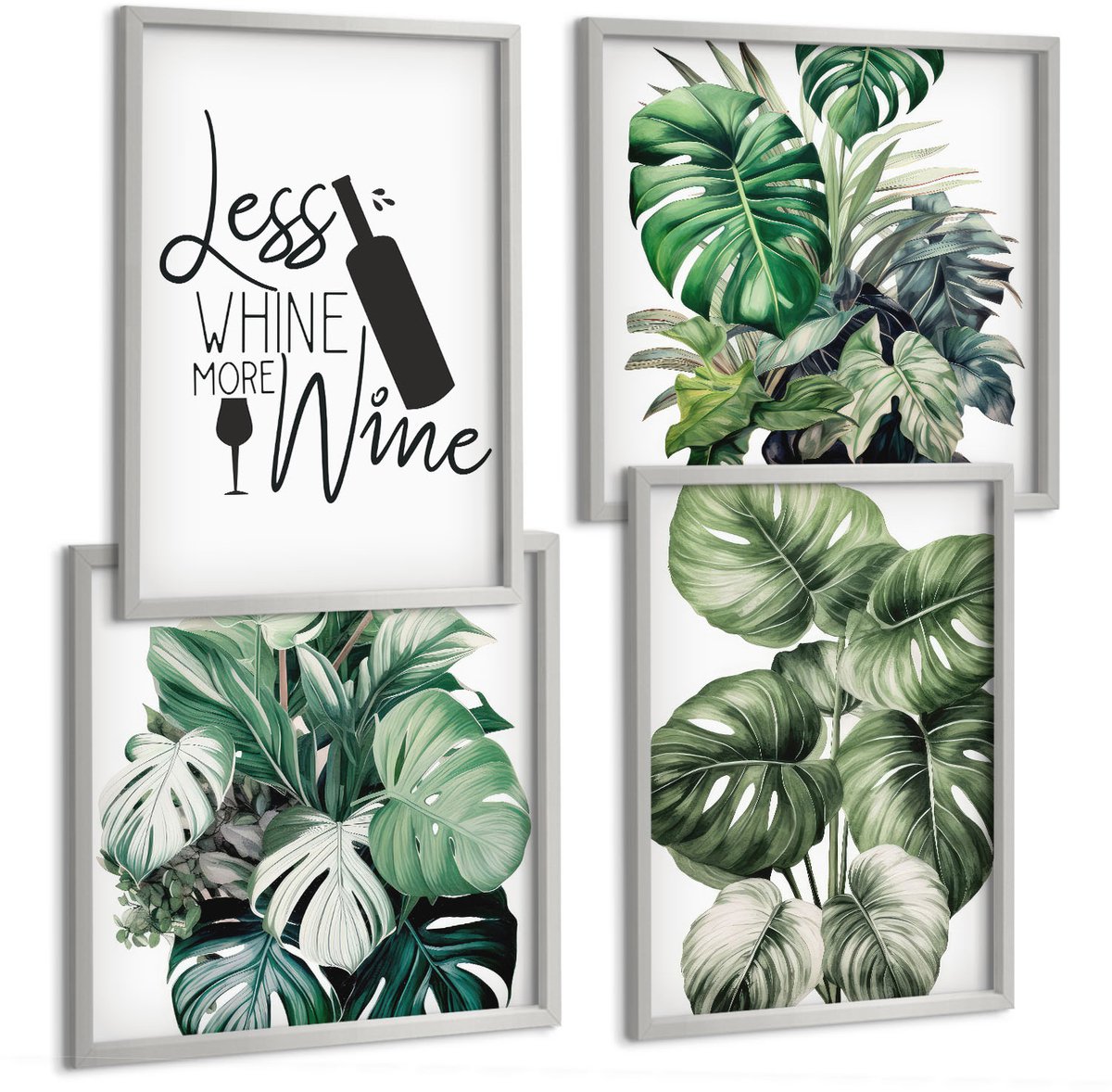 Coloray 4-Delige Schilderij Set - Groene Plantenbladeren Met Het Opschrift "Wijn". - 40 x 40 cm En 40 x 60 cm - Stijlvolle Muurdecoratie - Kantoor - Decoratieve Schilderijen