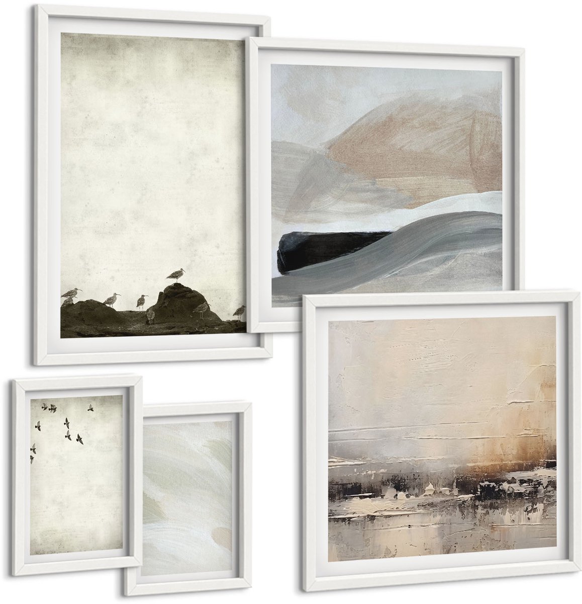 Coloray 5-Delige Schilderij Set - Vogels, Rotsen En Penseelstreken: Minimalistische Decoraties - 50 x 50 cm, 20 x 30 cm En 40 x 60 cm - Wanddecoratie - Schilderijen Set - Kantoor - Stijlvolle Muurdecoratie