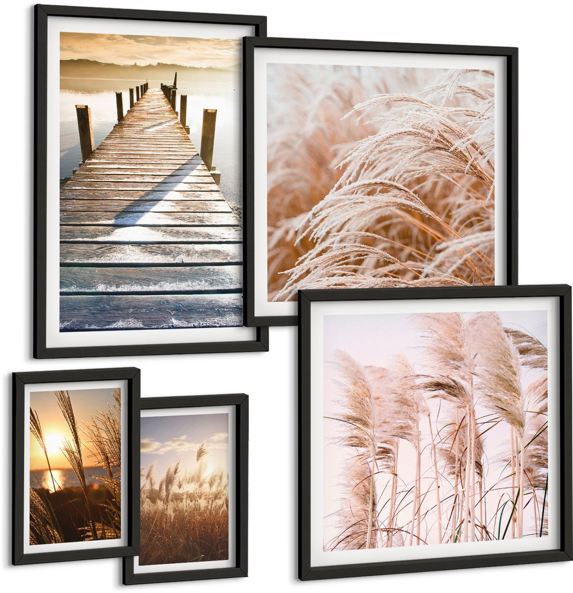 Coloray 5-Delige Schilderij Set - Rustgevende Uitzichten Op De Natuur En Het Water. - 50 x 50 cm, 20 x 30 cm En 40 x 60 cm - Wanddecoratie - Muurdecoratie - Woonkamer Zwarte lijst
