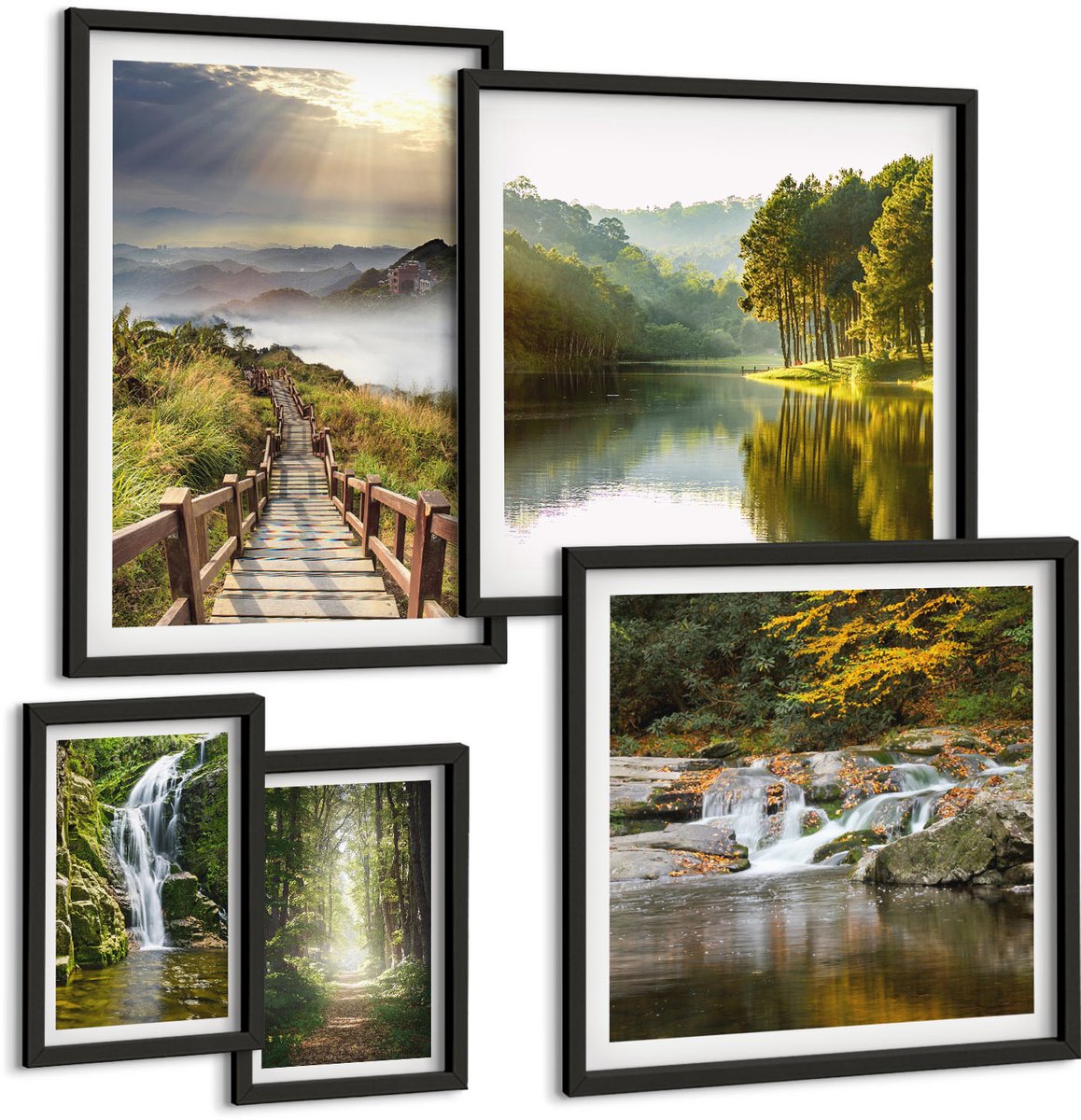 Coloray 5-Delige Schilderij Set - Natuurlandschappen Met Watervallen En Bospaden - 50 x 50 cm, 20 x 30 cm En 40 x 60 cm - Wanddecoratie - Woonkamer Decoratie Zwarte lijst