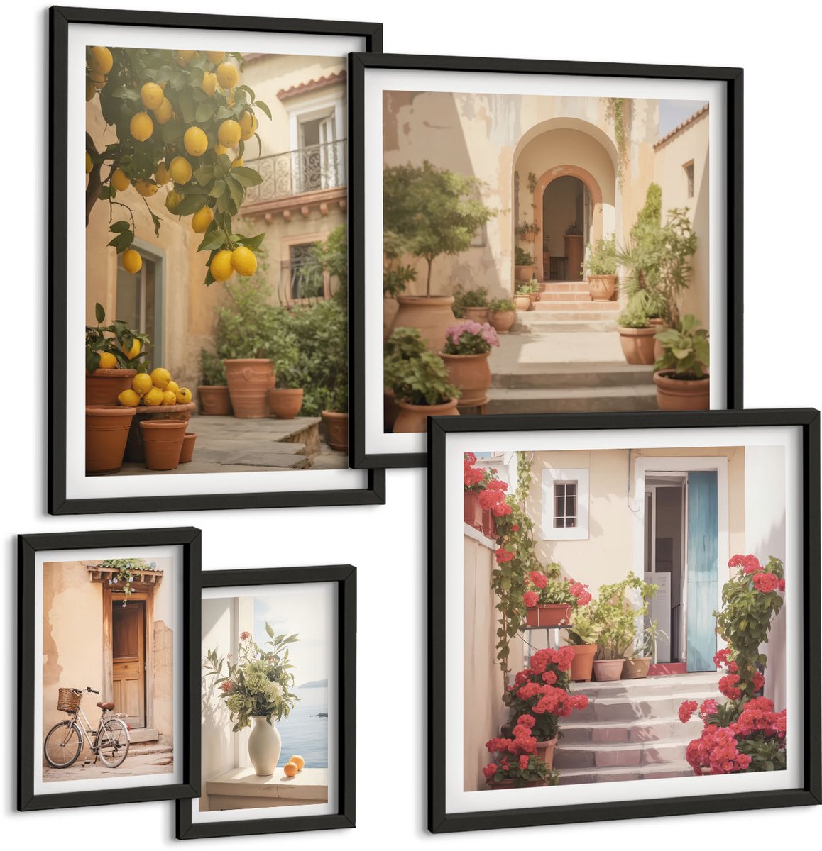 Coloray 5-Delige Schilderij Set - Sfeervolle Straten Met Bloemen En Citrusbomen In Provençaalse Stijl. - 50 x 50 cm, 20 x 30 cm En 40 x 60 cm - Stijlvolle Muurdecoratie - Kantoor - Woonkamer Decoratie Zwarte lijst