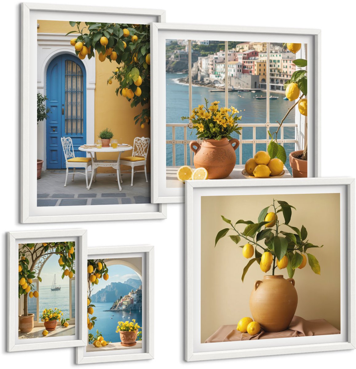 Coloray 5-Delige Schilderij Set - Citroeninspiratie In Een Zonnige Mediterrane Stijl - 50 x 50 cm, 20 x 30 cm En 40 x 60 cm - Muurdecoratie - Schilderijen Set - Woonkamer - Interieur Decoratie