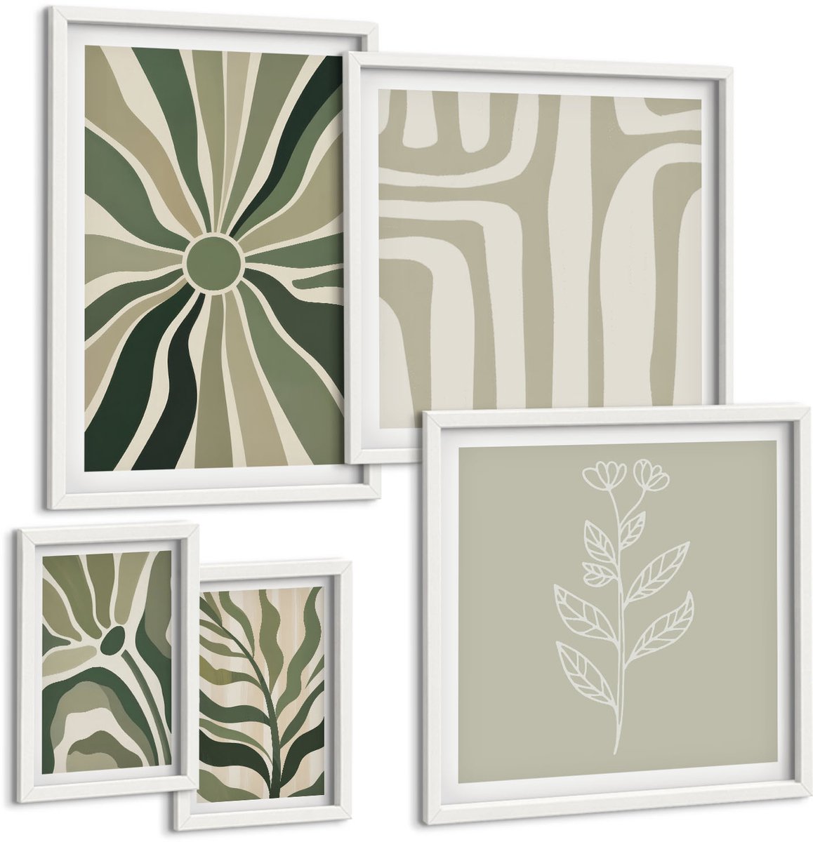 Coloray 5-Delige Schilderij Set - Abstracte Plantenpatronen In Groene Tinten - 50 x 50 cm, 20 x 30 cm En 40 x 60 cm - Wanddecoratie - Woonkamer Decoratie - Stijlvolle Muurdecoratie