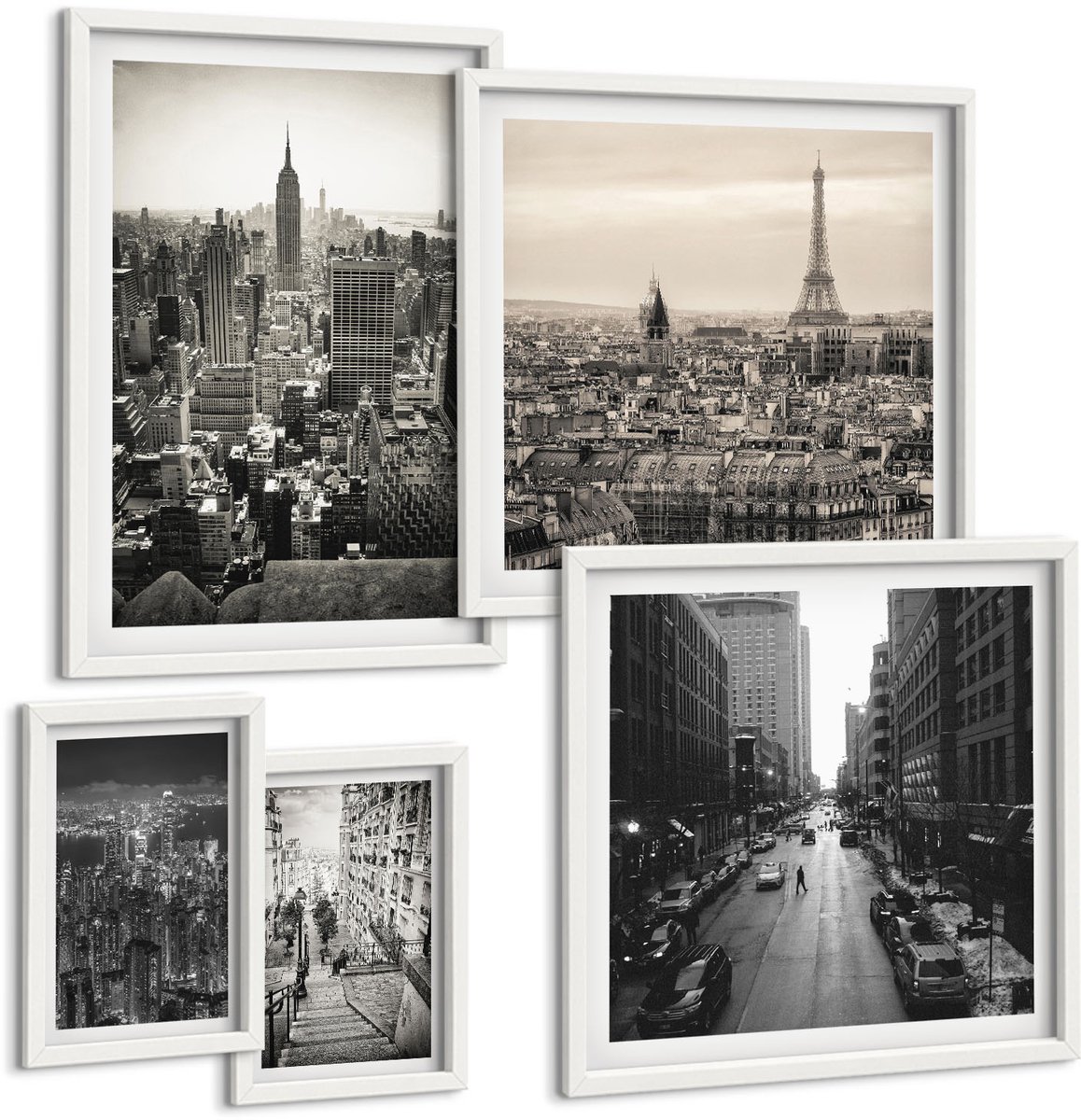 Coloray 5-Delige Schilderij Set - Stadspanorama'S Van Iconische Hoofdsteden In Europa En De Vs - 50 x 50 cm, 20 x 30 cm En 40 x 60 cm - Muurdecoratie - Wanddecoratie - Slaapkamer