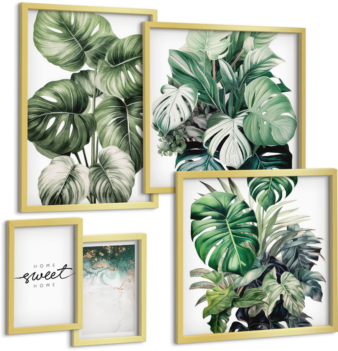 Coloray 5-Delige Schilderij Set - Decoratieve Plantmotieven In Een Moderne Stijl - 50 x 50 cm, 20 x 30 cm En 40 x 60 cm - Stijlvolle Wanddecoratie - Interieur - Muurdecoratie