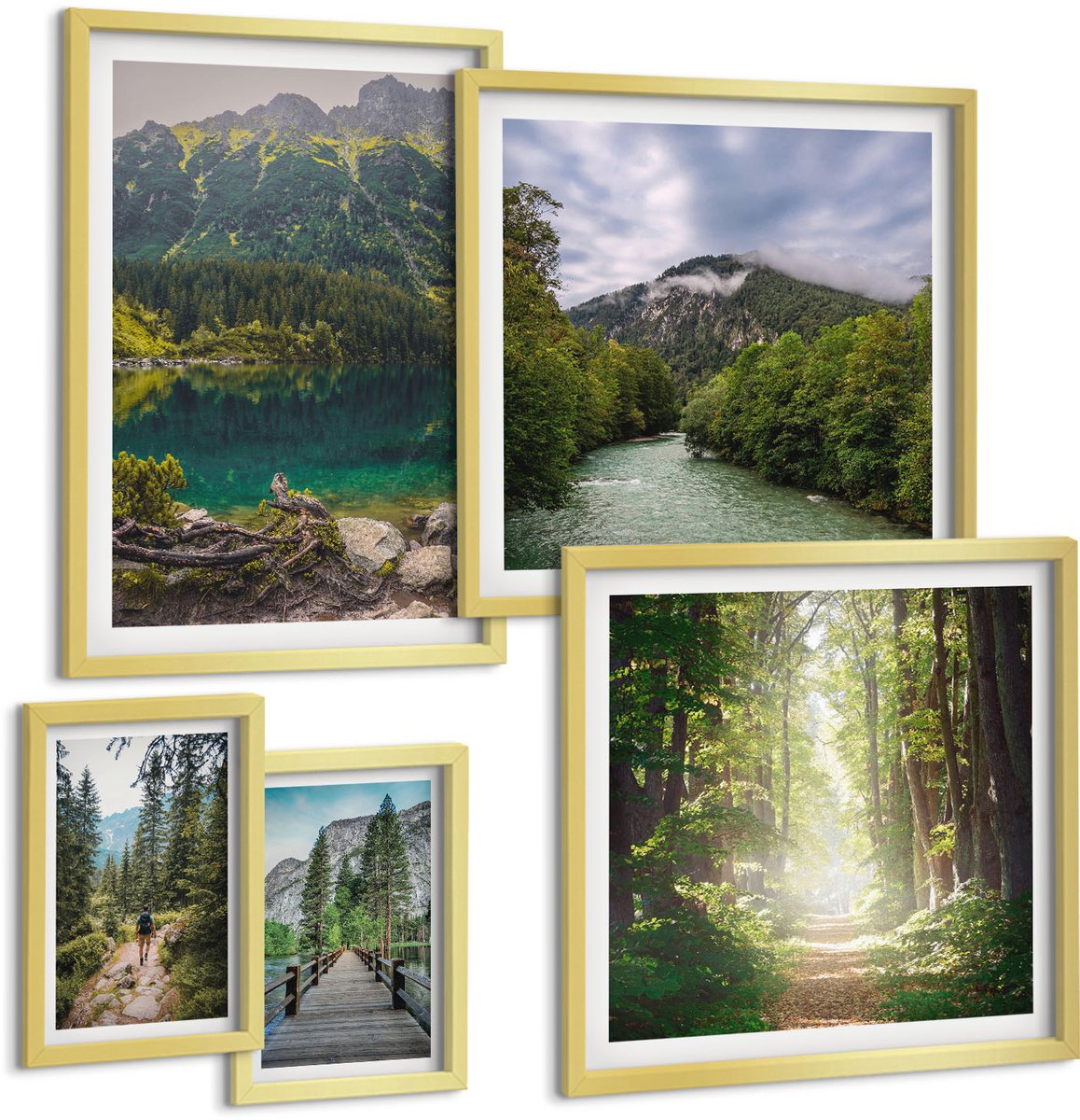 Coloray 5-Delige Schilderij Set - Natuurlijke Berglandschappen En Boswandelpaden - 50 x 50 cm, 20 x 30 cm En 40 x 60 cm - Wanddecoratie - Schilderijen Set - Kantoor - Woonkamer Decoratie
