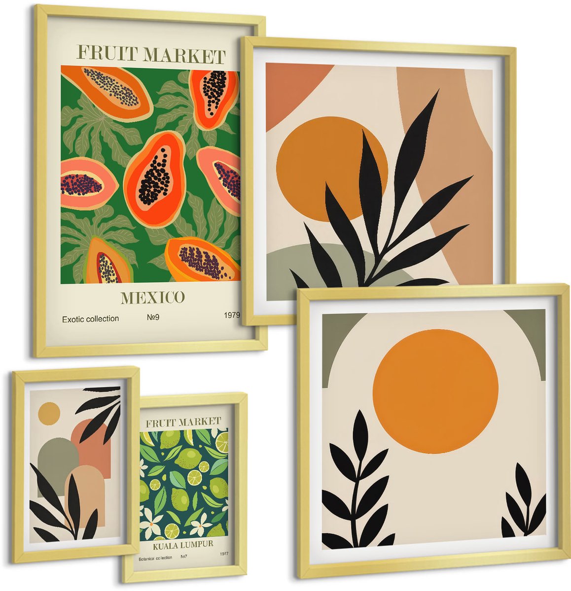 Coloray 5-Delige Schilderij Set - Tropische Vruchten In Retrostijl Met Exotische Motieven - 50 x 50 cm, 20 x 30 cm En 40 x 60 cm - Decoratieve Schilderijen - Woonkamer - Interieur - Moderne Wanddecoratie