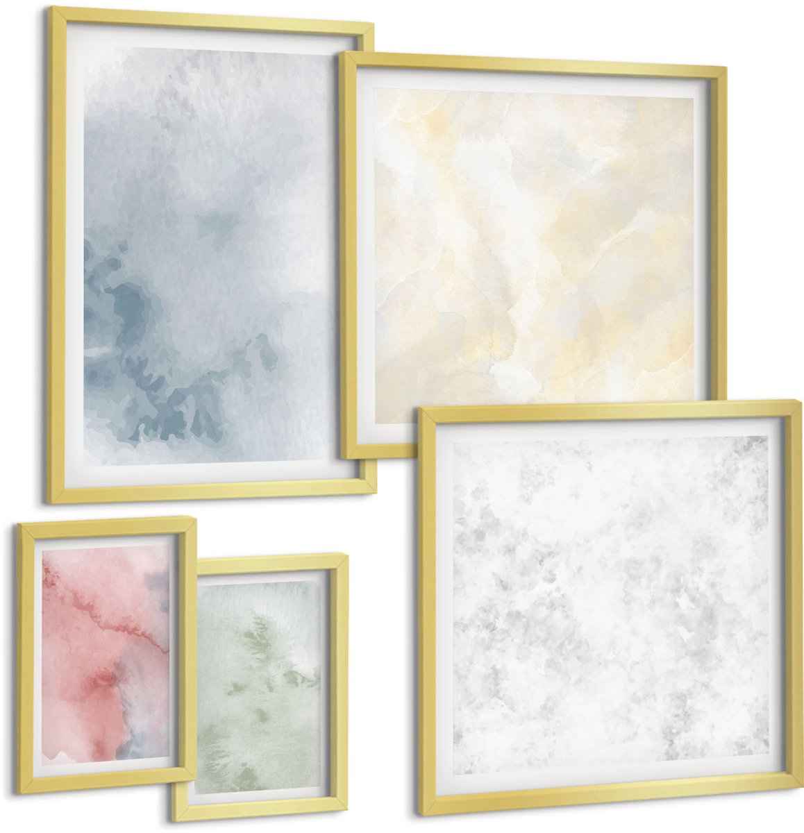 Coloray 5-Delige Schilderij Set - Pastelkleurige Structuren, Kleurrijke Aquarelverf Op Canvas - 50 x 50 cm, 20 x 30 cm En 40 x 60 cm - Decoratieve Schilderijen - Woonkamer - Interieur - Interieur Decoratie