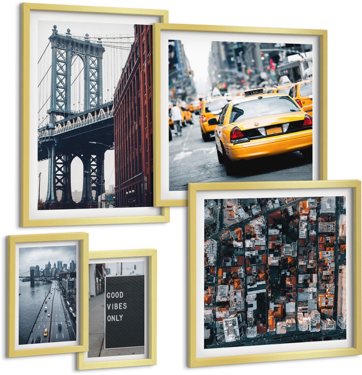 Coloray 5-Delige Schilderij Set - Charmante Stadsgezichten Vanuit Het Perspectief Van Het Leven In New York City - 50 x 50 cm, 20 x 30 cm En 40 x 60 cm - Decoratieve Muurdecoratie - Slaapkamer - Stijlvolle Muurdecoratie